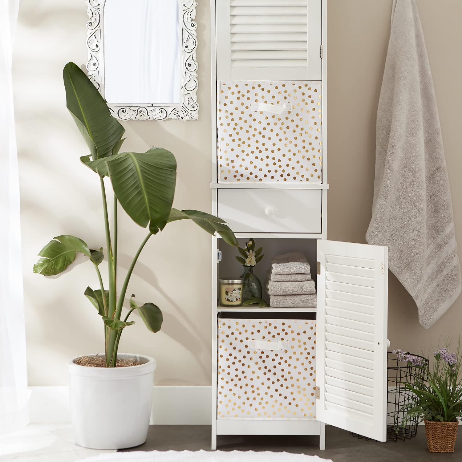 DII Woven Polyester Storage Bin, Polka Dot, White & Gold, Large Set of 2
