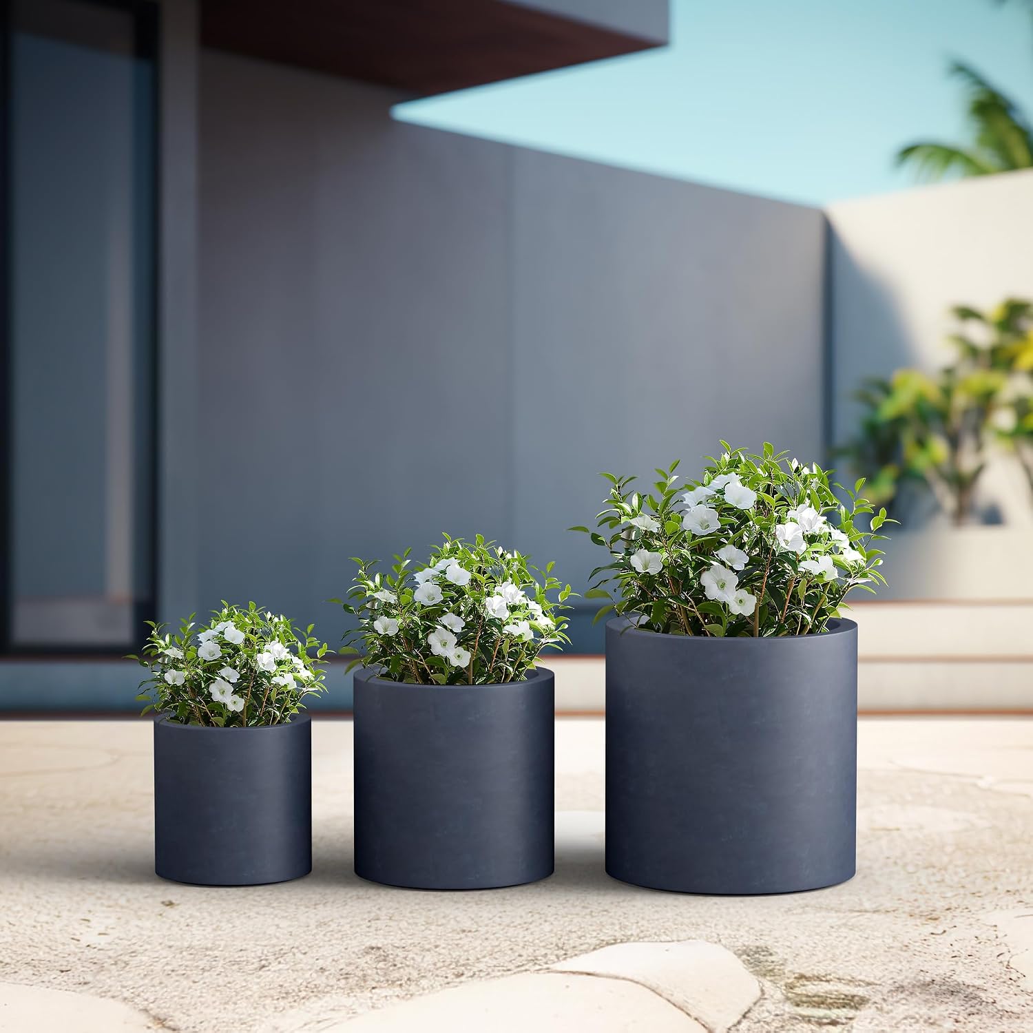 Kante Large Round Cylinder Charcoal Concrete Planter 15.8" Tall, Outdoor