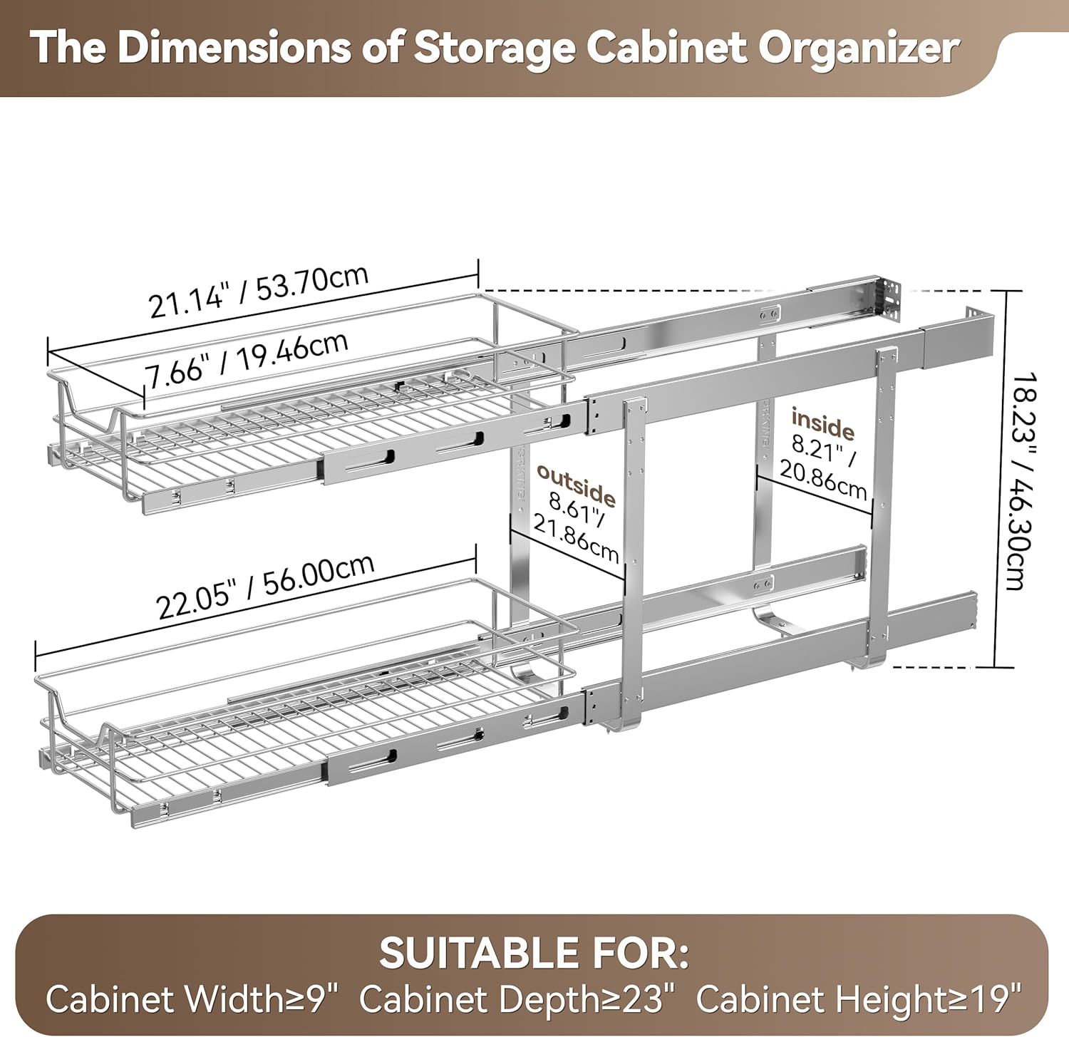 2 Tier Pull Out Cabinet Organizer 11" W X 22" D, Chromed, Full Slide Out