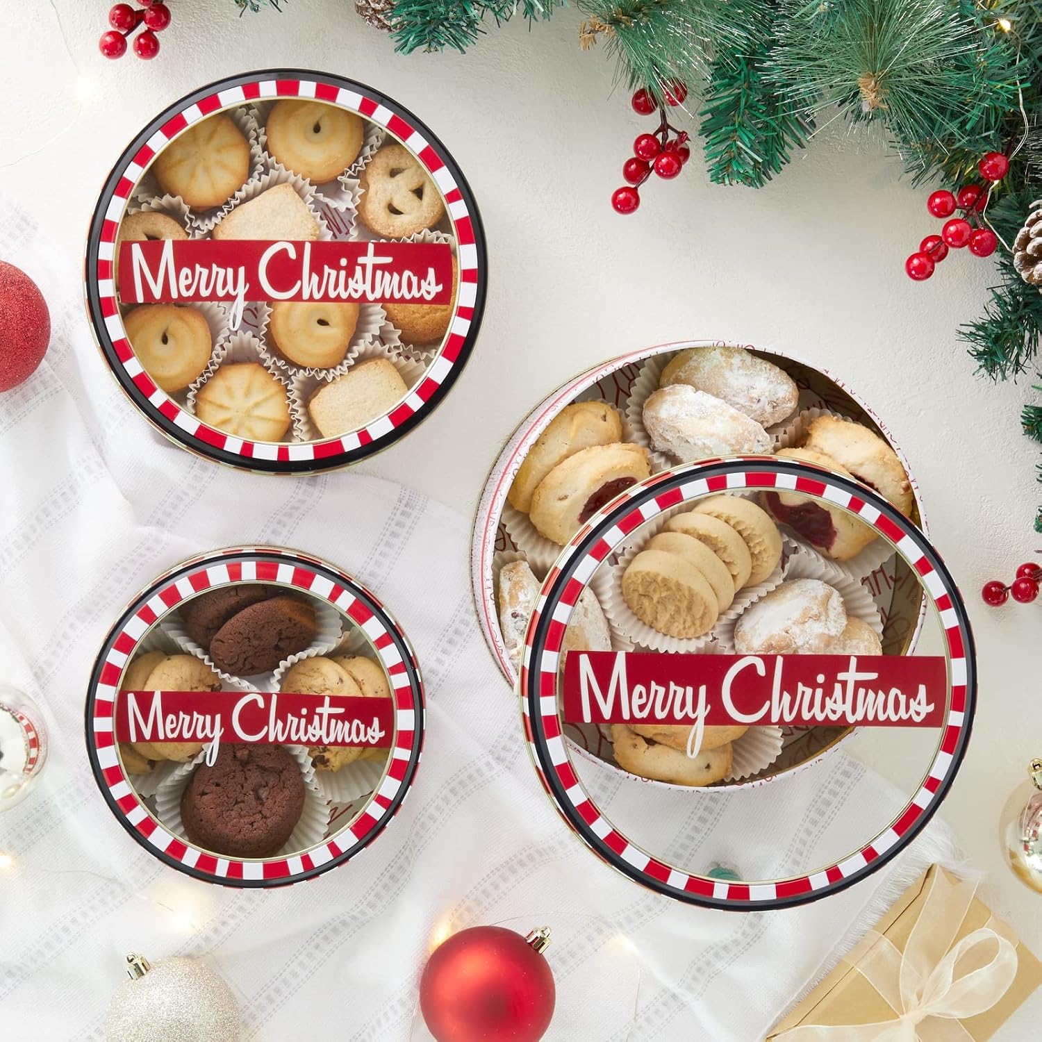 Juvale 3-Piece Cookie Tin with Lid - 8.75 in/7.75 in/6.5 in Round, Red & White - Tin Containers with Lids for Cookie Storage & Container Set