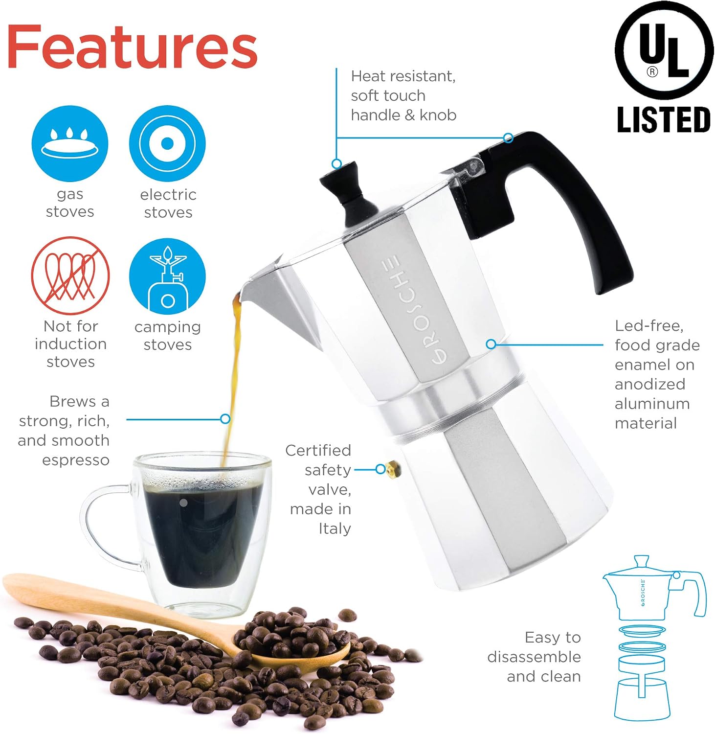 GROSCHE Milano Moka Pot | 9 Espresso Cup - 15.2 oz | Stovetop Espresso Percolator & Coffee Maker – Portable, Ideal for Home and Camping | Cuban Coffee Maker And Italian Moka Pot For Stovetop Espresso; For Gas, Electric, And Propane Stoves With A Soft-Tou…