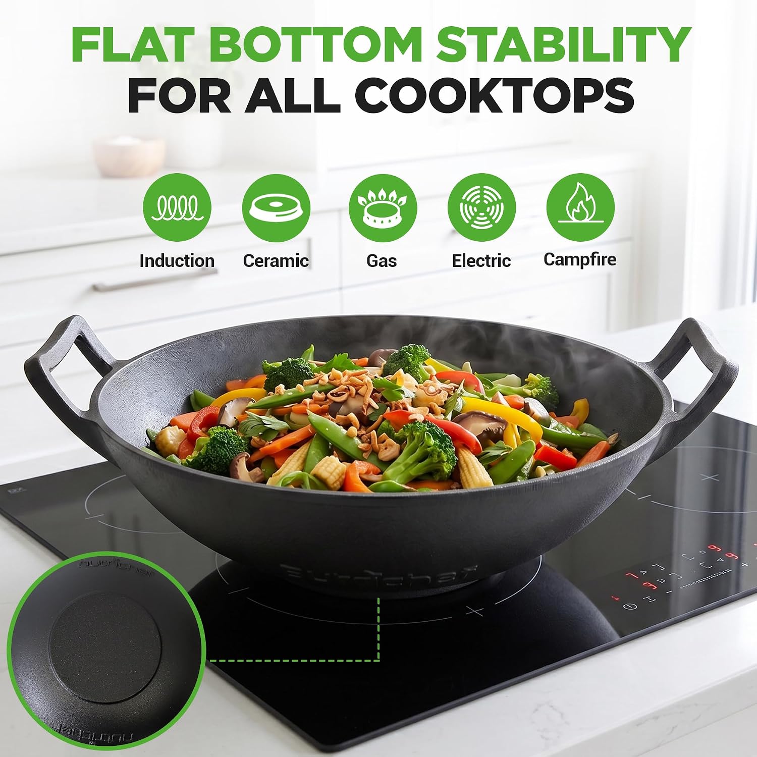 NutriChef 14" Cast Iron Wok with Wooden Lid - Pre-Seasoned Kadai for Stir-Fry with Loop Handles, Compatible with Multiple Cooktops Including Induction