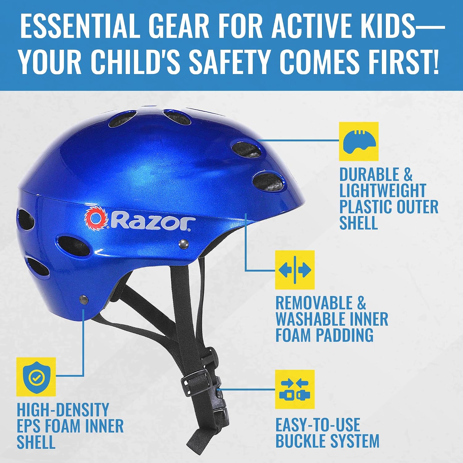 Razor V-17 Youth Multi-Sport Helmet - CPSC Approved Kid’s Helmet with Adjustable Strap - Durable Helmet with Foam Padding for Biking, Skating, and Other Outdoor Sports
