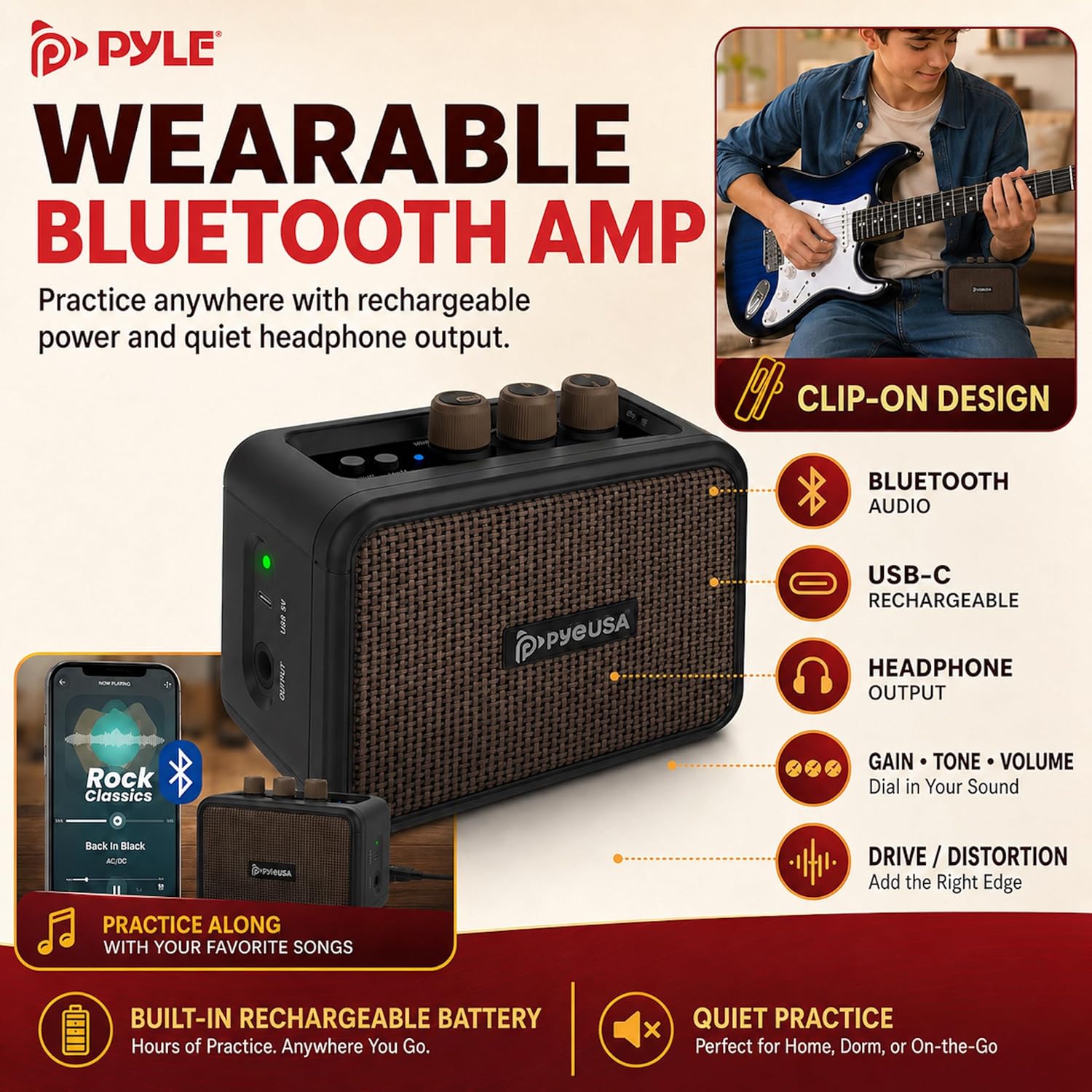 Pyle Electric Guitar and Amp Kit - Full Size 39" Complete Starter Kit with Wearable Bluetooth Amplifier, 1/4” Cable, Carry Case, Strap, Strings, Picks, Cleaning Cloth, ST-Style Pickups (Black)