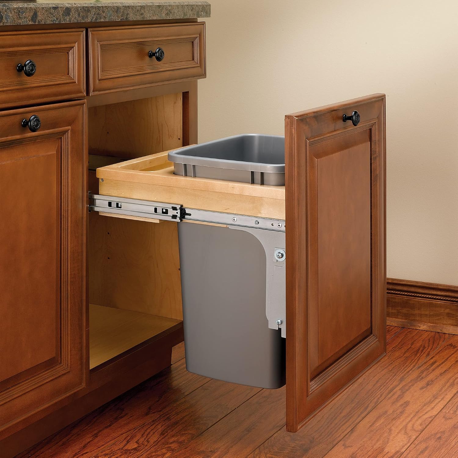 Rev-A-Shelf Top Mount Single Pullout Under Cabinet 35 Quart Kitchen Trash Can w/Storage & Reduced Depth, 150 Pound Rated Full-Extension Slides