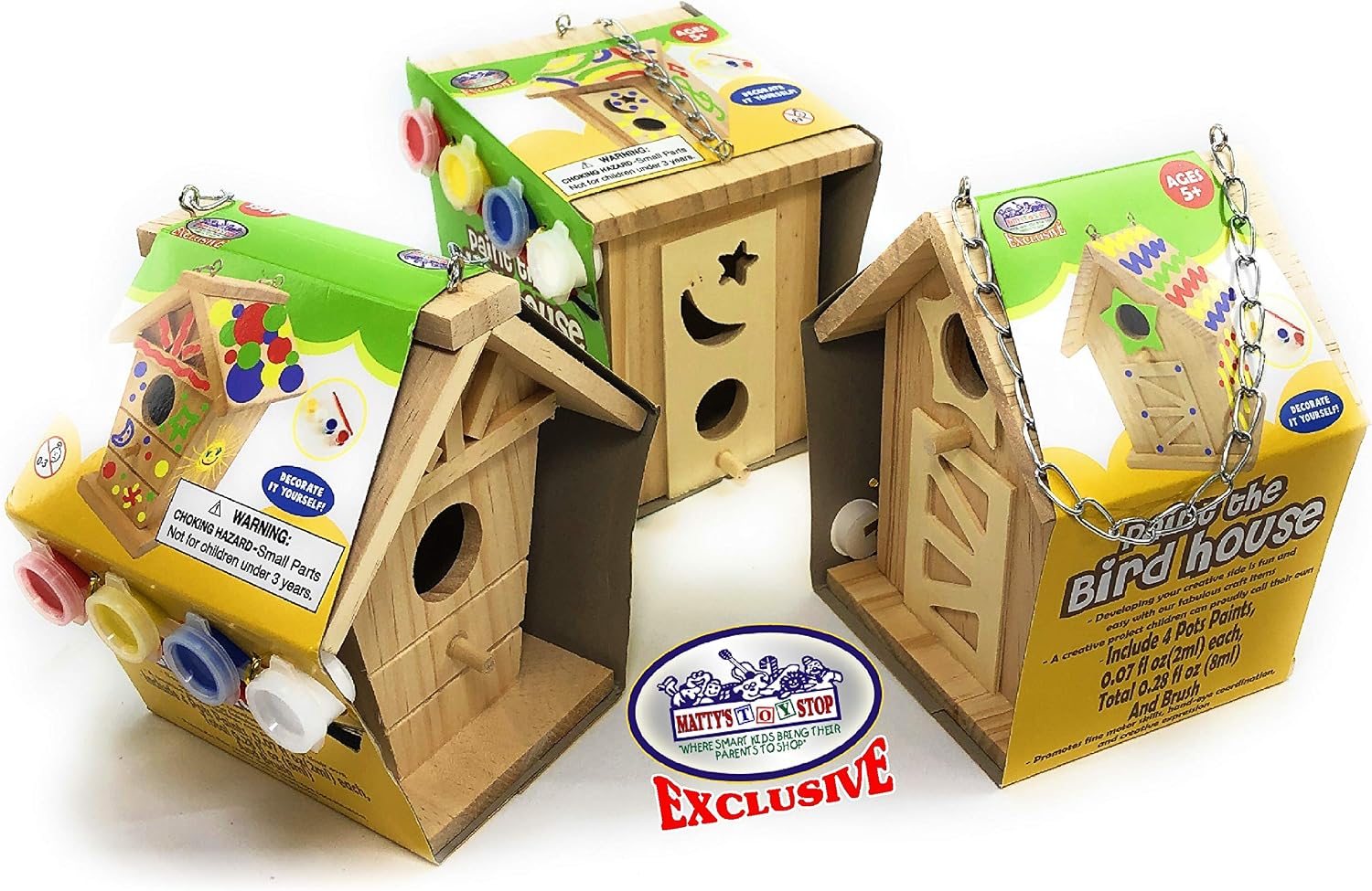 Matty's Toy Stop Paint Your Own Small Wooden Birdhouses (Includes Paints & Brushes) Gift Set Bundle - 3 Pack