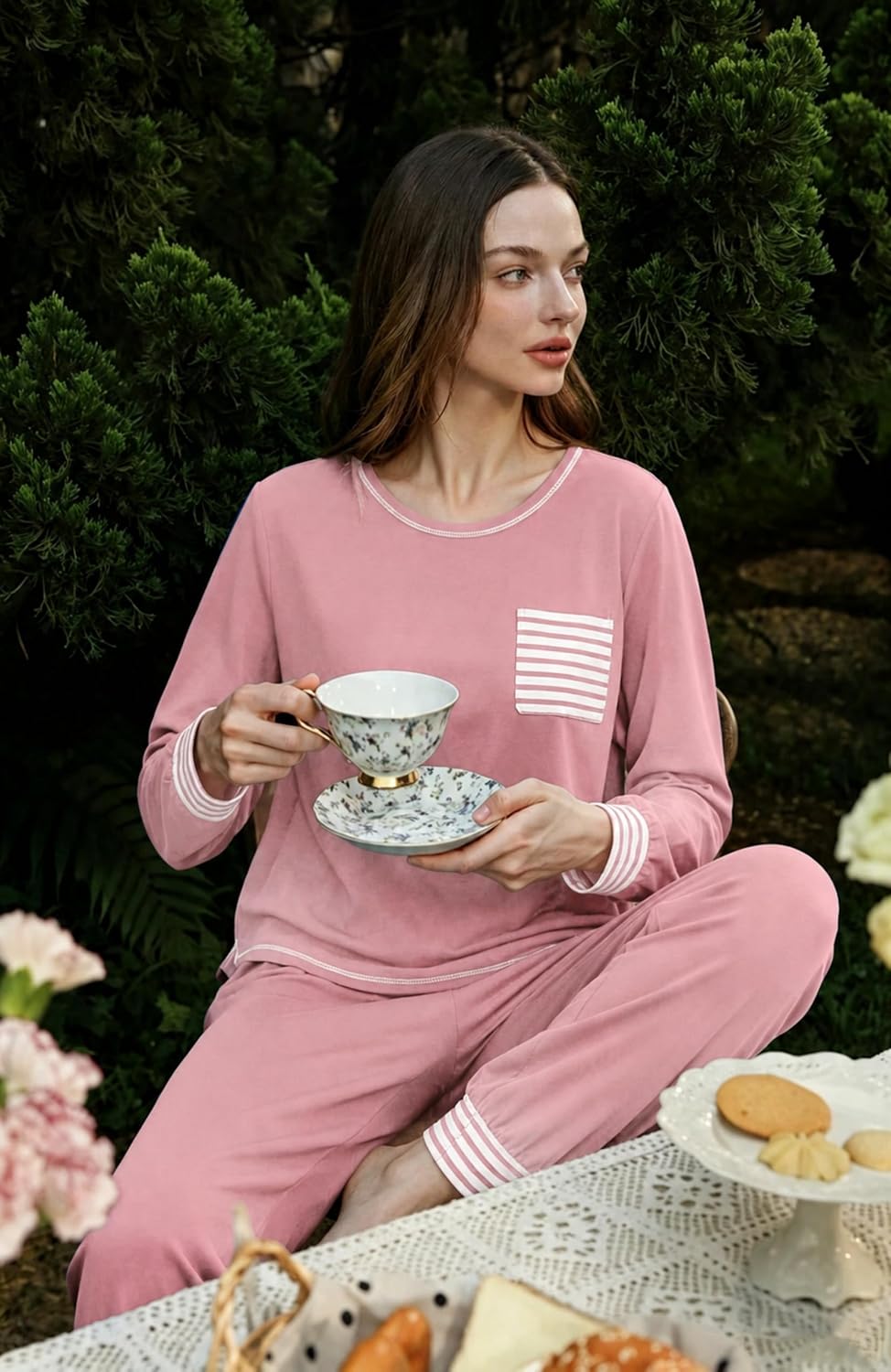 SWOMOG Women’s Pajamas Set Long Sleeve Sleepwear with Long Pants Soft Modal Loungewear Pj Set