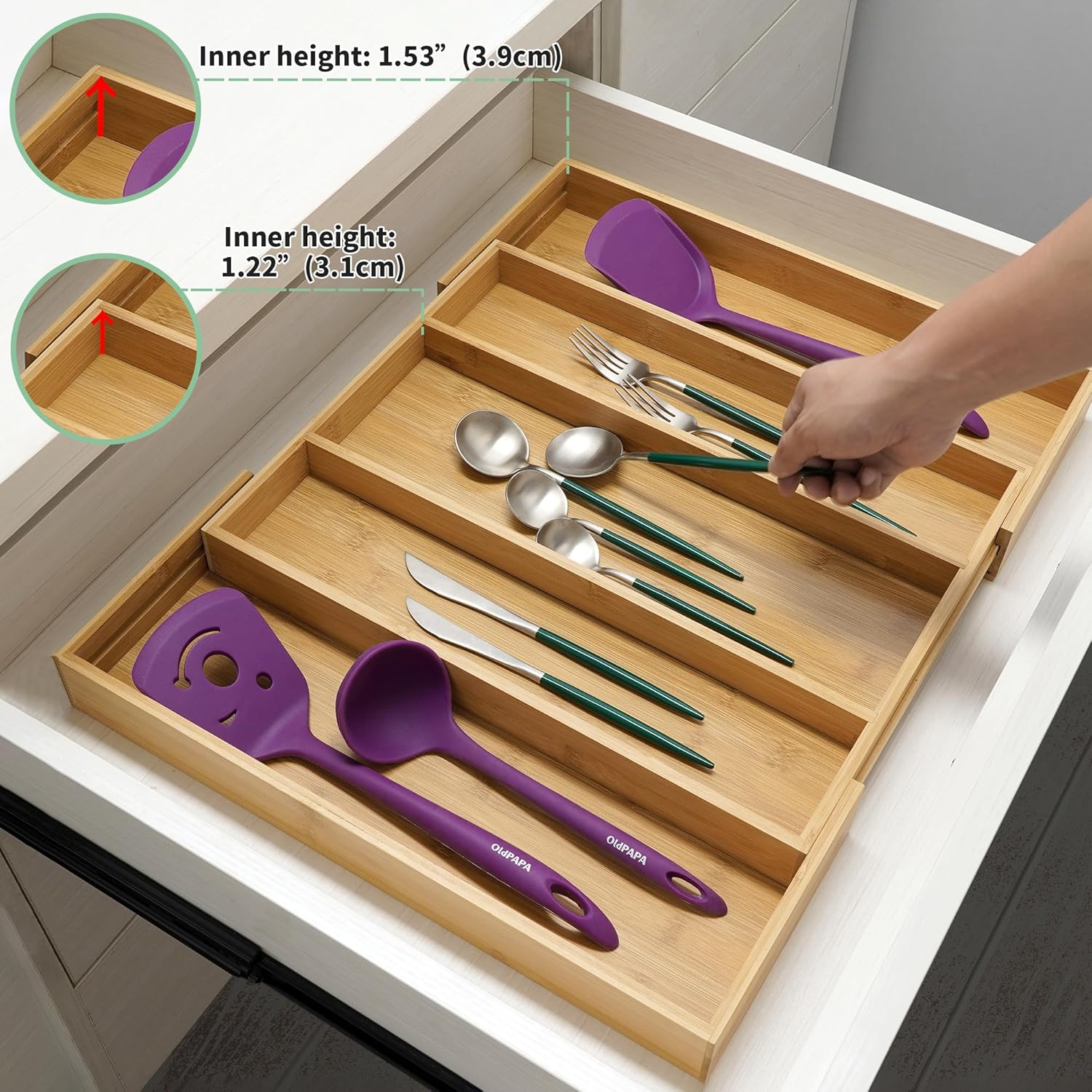 Utoplike Bamboo Expandable Kitchen Drawer Organizer Silverware Utensil Tray