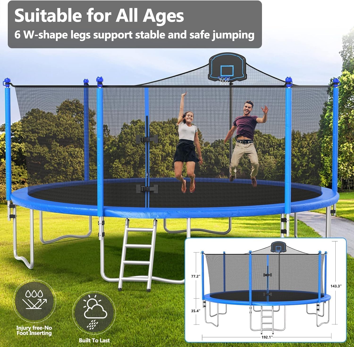 10 12 14 16FT Trampoline Outdoor, Light/Sprinkler/Basketball Hoop | Large Recreational Trampoline for Kids and Adults, Heavy Duty Yard Trampolines with Enclosure Net, ASTM Approval