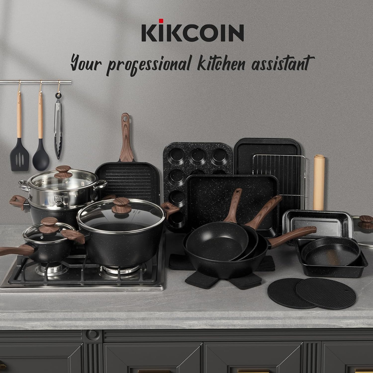 Kikcoin Pots and Pans Set Non Stick 31 Piece Kitchen Nonstick Cooking Cookware Sets with Grill Pan Saucepan Baking Sheet Utensil, Black