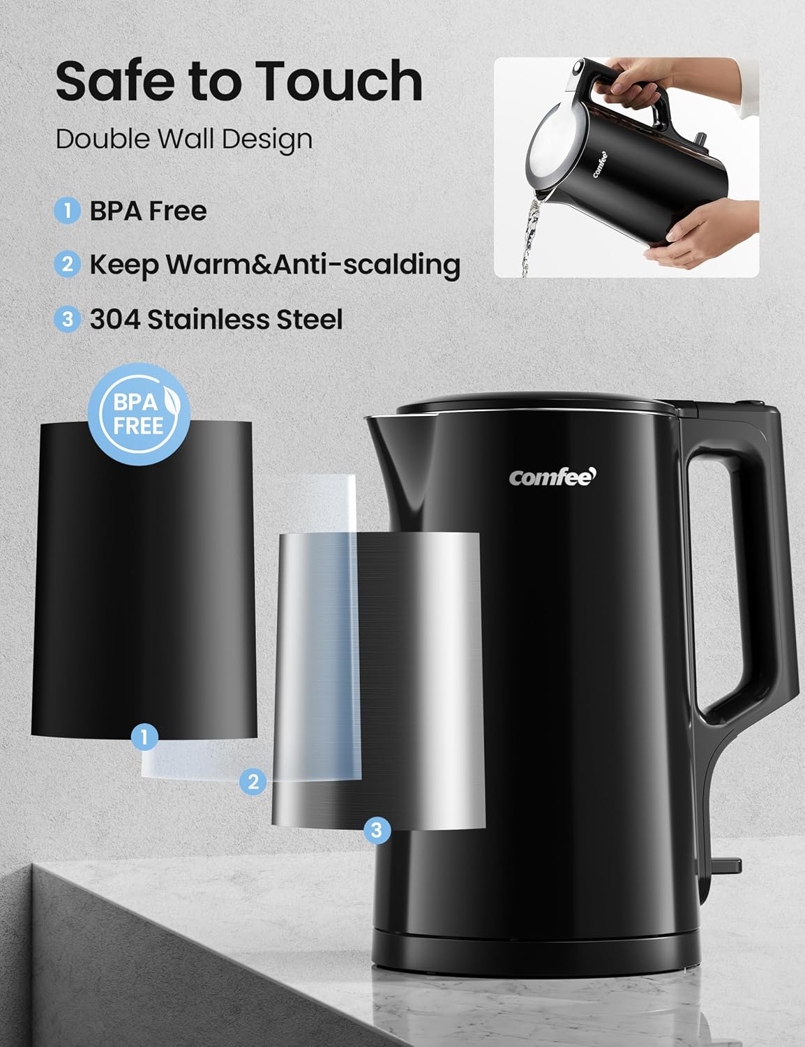 Comfee 1.7L Stainless Steel Electric Tea Kettle, BPA-Free Hot Water Boiler, Cordless with LED Light, Auto Shut-Off and Boil-Dry Protection