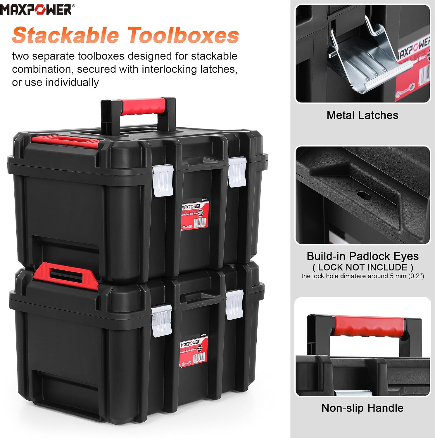 MAXPOWER Small Tool Box, 14-inch Plastic Tool Boxes with Handle | Removable Tray with Dual Lock Secured, Red Toolbox for Home