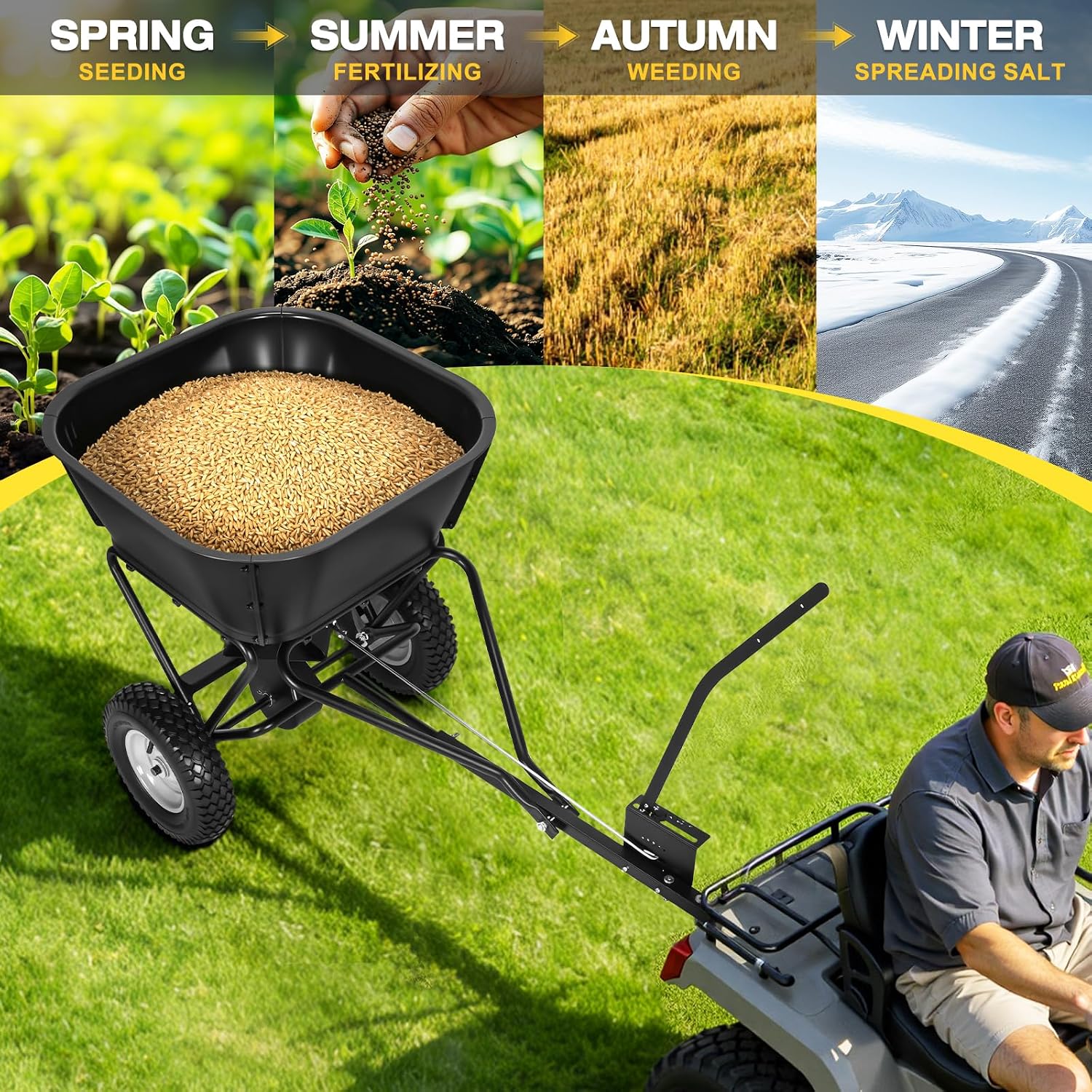 AugFir Tow Behind Broadcast Spreader, 130 LBS Capacity Lawn Fertilizer Spreader for Riding Mower, ATV, UTV & Tractor