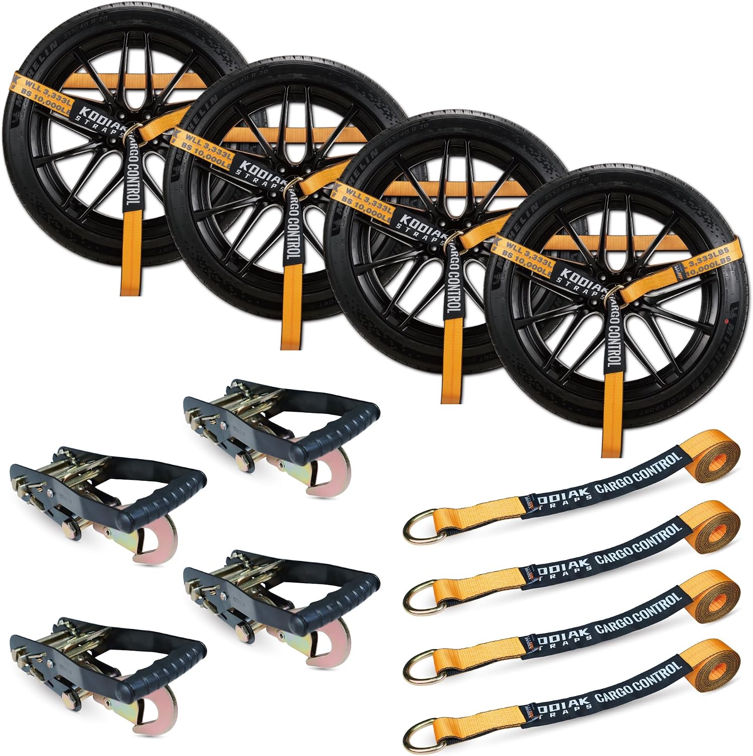 Adjustable Vehicle Tire Tie Down Straps Kit– 4pk Heavy Duty Tire Straps with Snap Hooks 10
