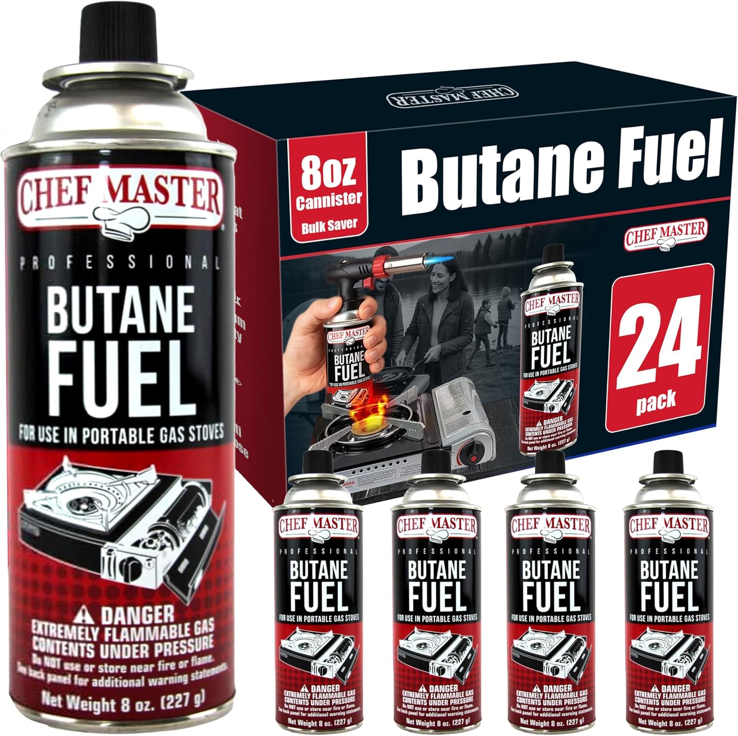 Chef Master Butane Fuel Canister, Camp Stove & Torch Refill, 8 oz, 12-Pack