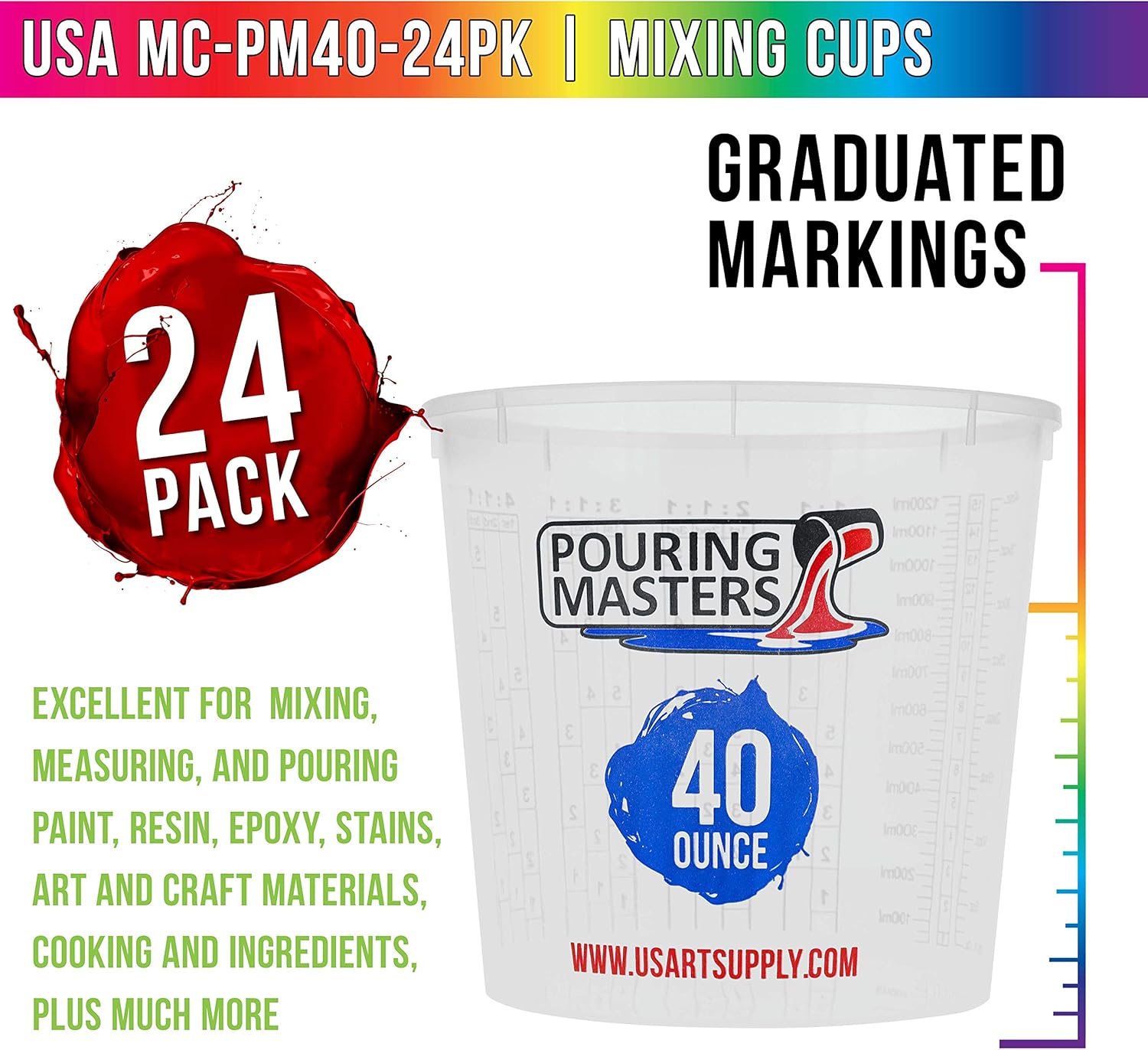 Pouring Masters 40 Ounce (1200ml) Graduated Plastic Mixing Cups (Box of 24)