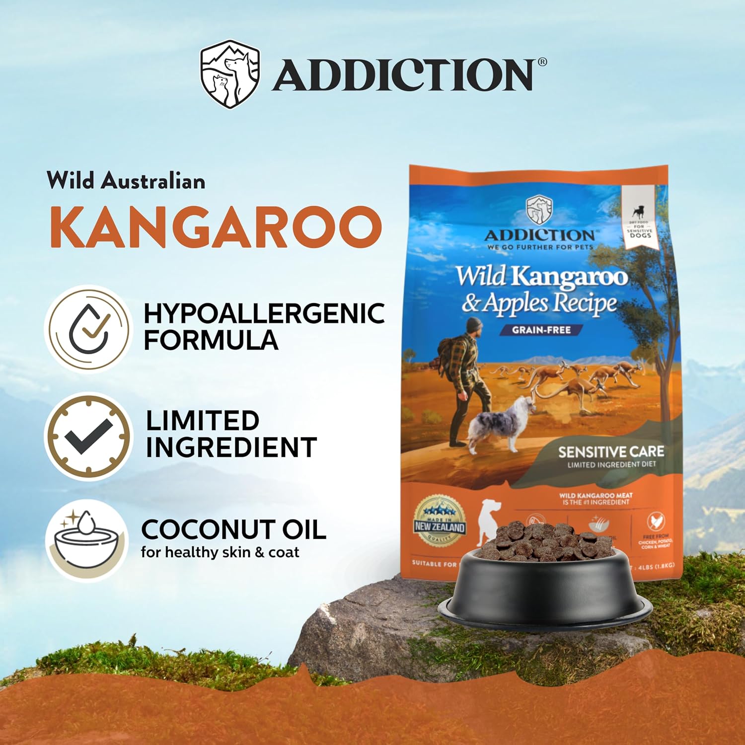 Addiction Wild Kangaroo & Apples Dry Dog Food - Limited Ingredient Diet for Dogs with Allergies & Sensitive Skin - 100% Kangaroo Meat, No Meal - Grain-Free - Made in New Zealand 4lb