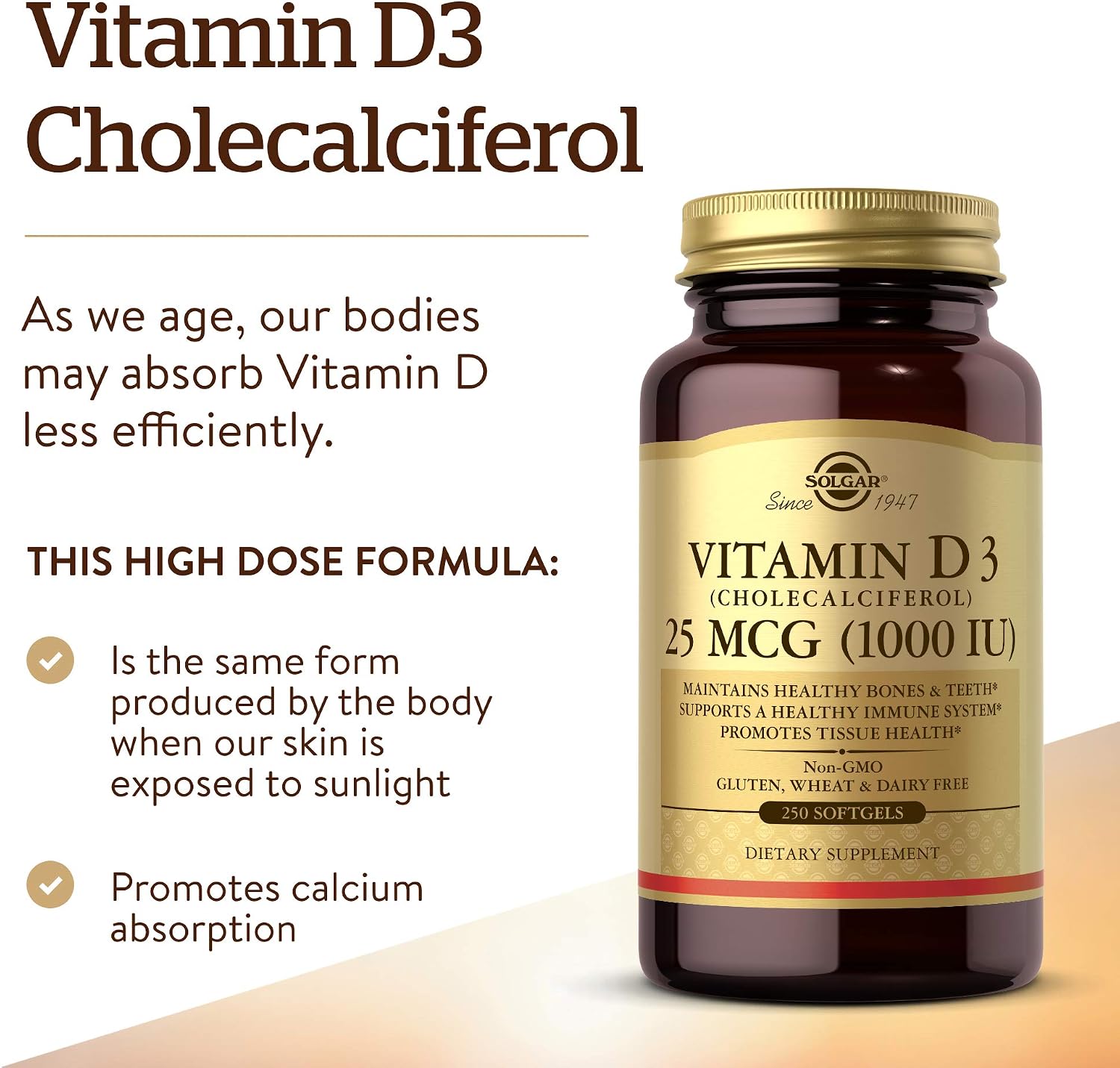 Solgar Vitamin D3 (Cholecalciferol) 25 MCG (1000 IU), 250 Servings | Helps Maintain Healthy Bones & Teeth, Immune System Support, Non-GMO, Gluten Free