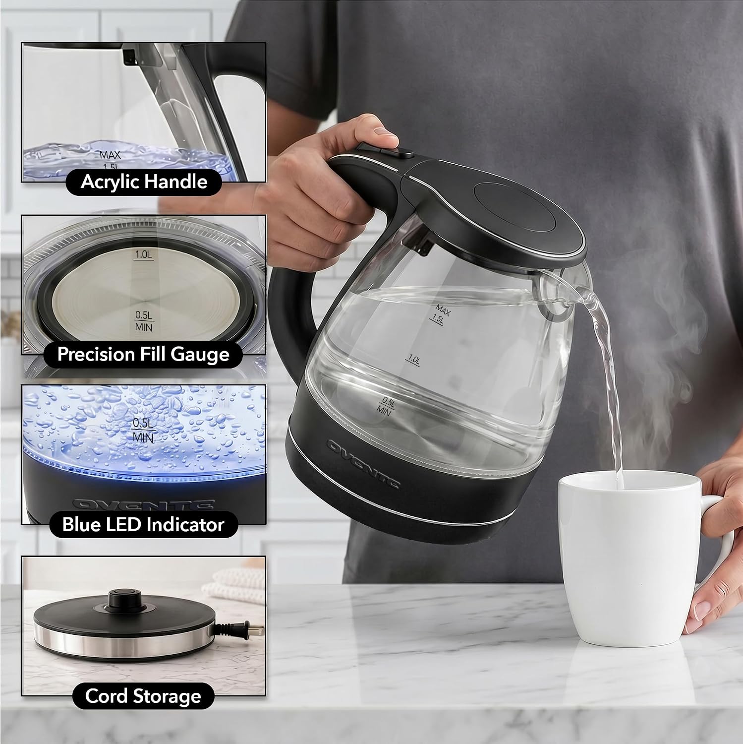 OVENTE 1.5L Glass Electric Kettle Water Boiler, Black KG83B | 1100W Fast Boiling, Borosilicate Glass, BPA-Free, Blue LED, Auto Shut-Off, Boil-Dry Protection, Removable Filter, 360° Base