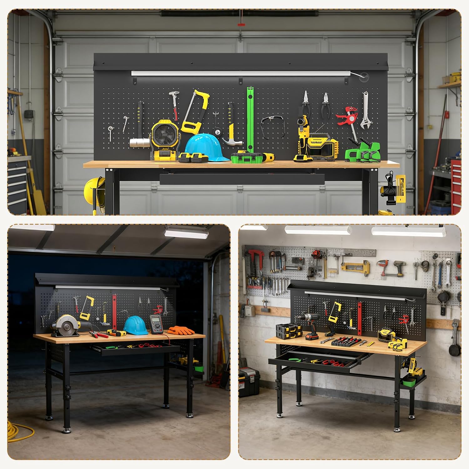 60 Inch Heavy Duty Workbench with Storage Cabinet, Wooden Top, 2000 lbs Capacity, Garage Work Table with Pegboard, Power Outlet, Leveling Feet, Black