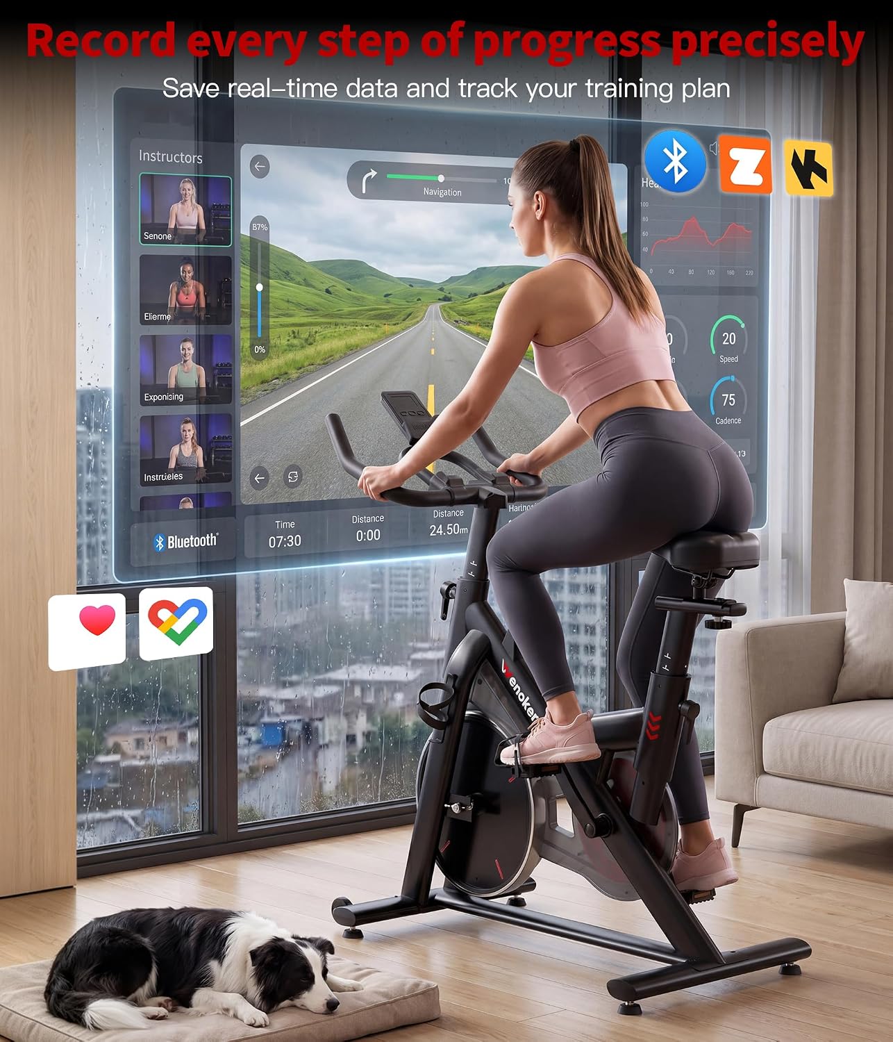Wenoker Exercise Bike for Home, Magnetic Stationary Bike with App Sync, Indoor Cycling Bike with Adjustable Seat & Handlebar, Quiet Belt Drive, LCD Monitor, Tablet Holder & Transport Wheels for Cardio Workout