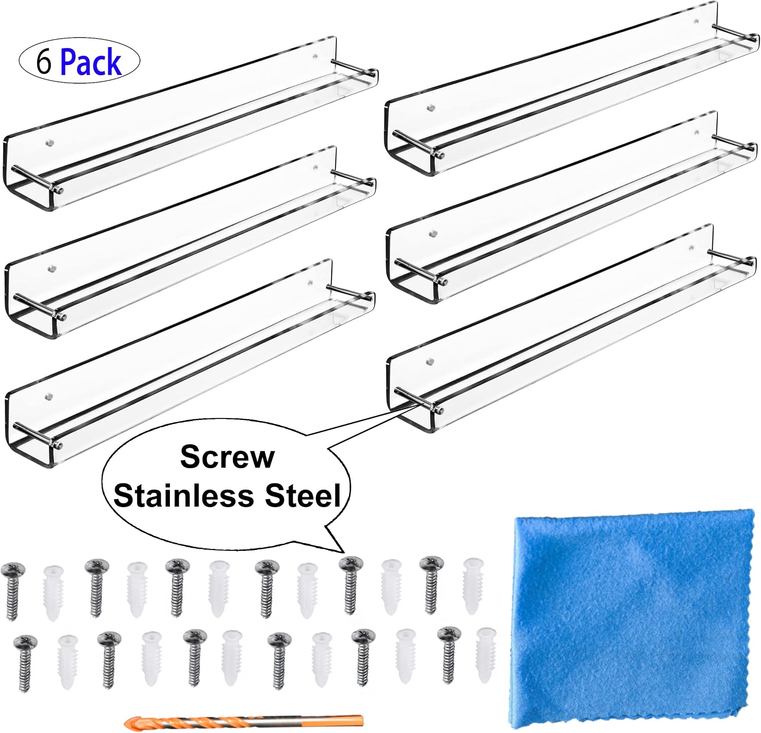 AMT 2 Pack Acrylic Floating Shelves, 15" L x 4" W, Clear Bathroom Wall, Bookshelves, Invisible Display for Office, Bedroom