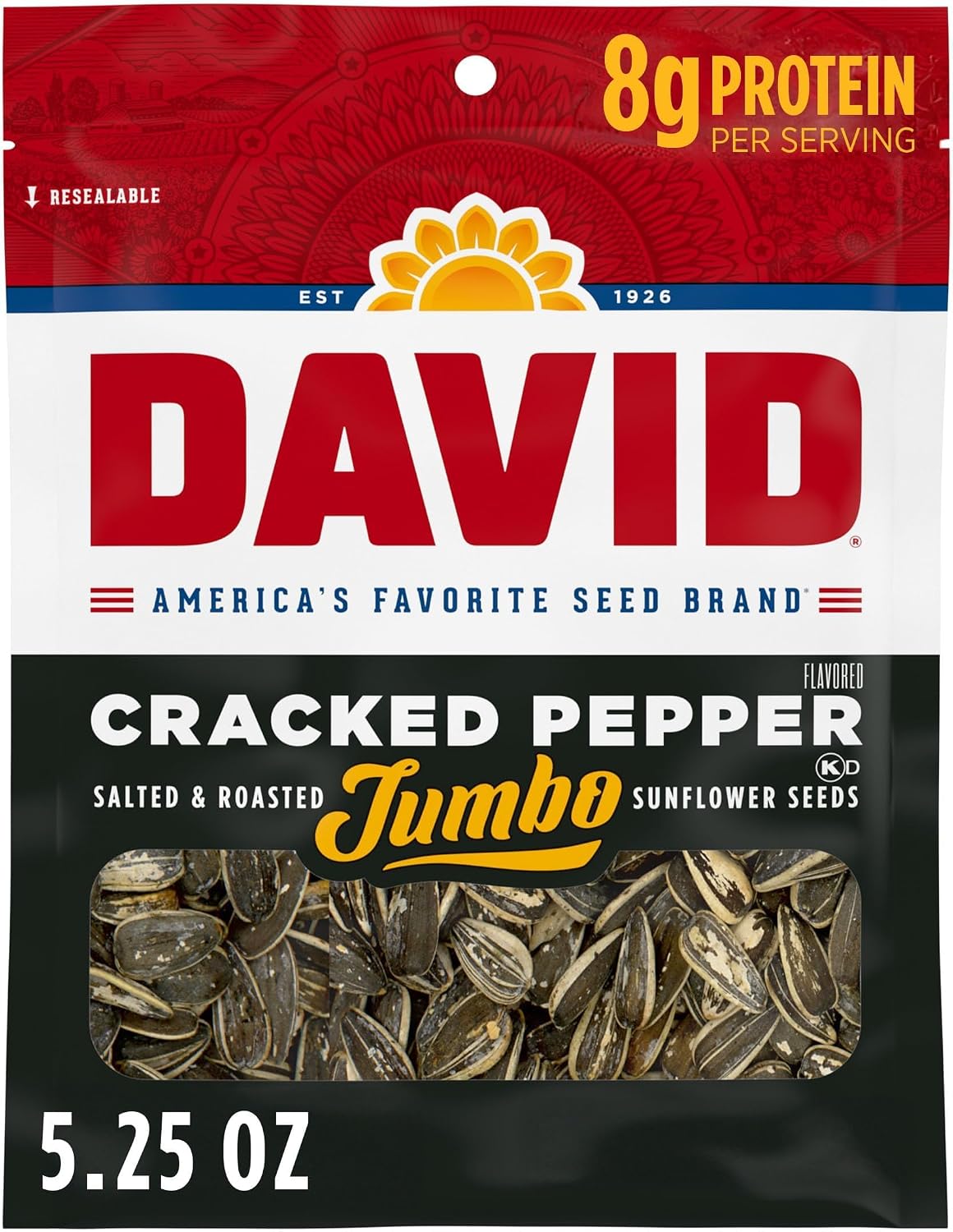 DAVID Jumbo Sunflower Seeds, Cracked Pepper Flavor, 5.25 oz.