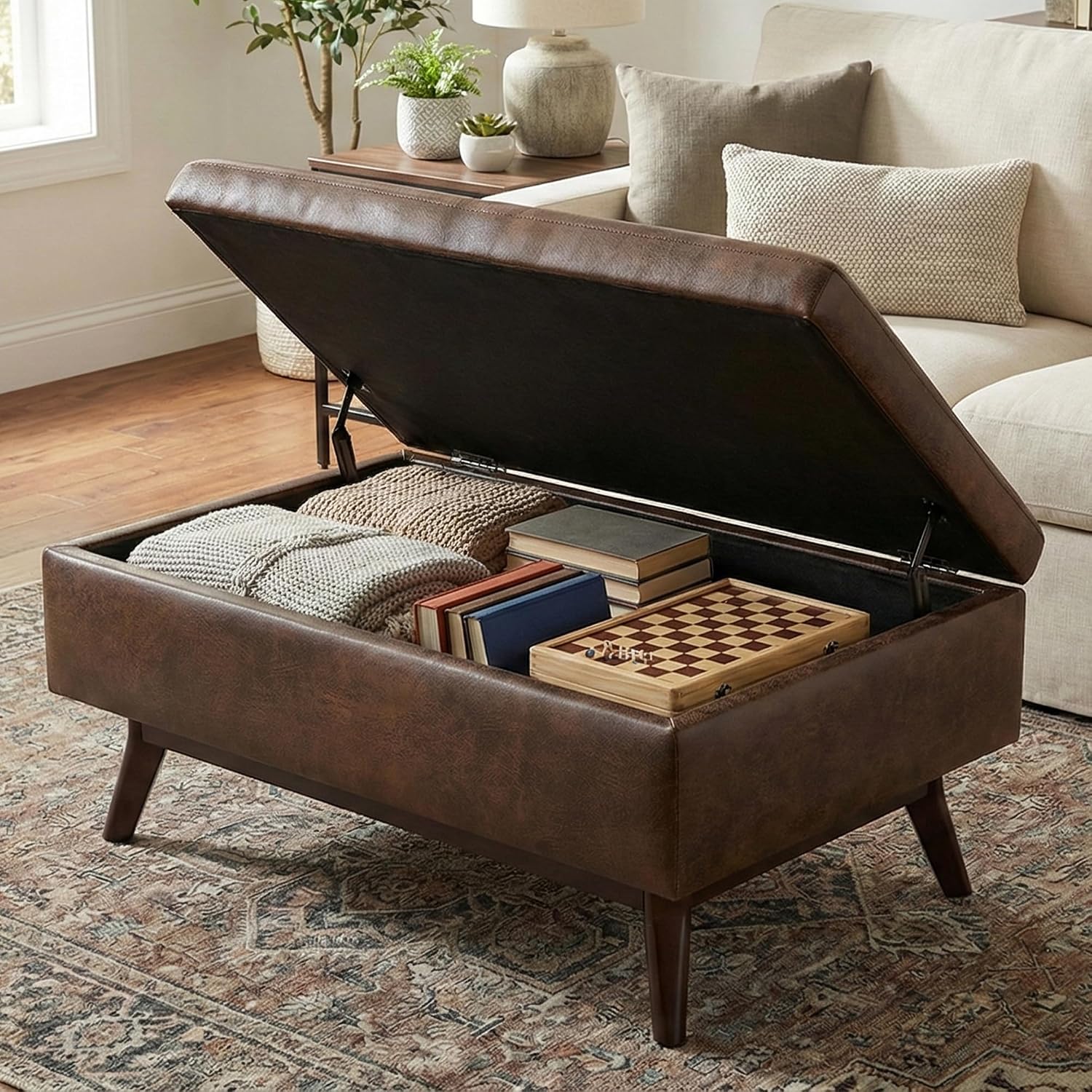 SIMPLIHOME Owen 34" Wide Vegan Leather Lift Top Ottoman in Dark Blue