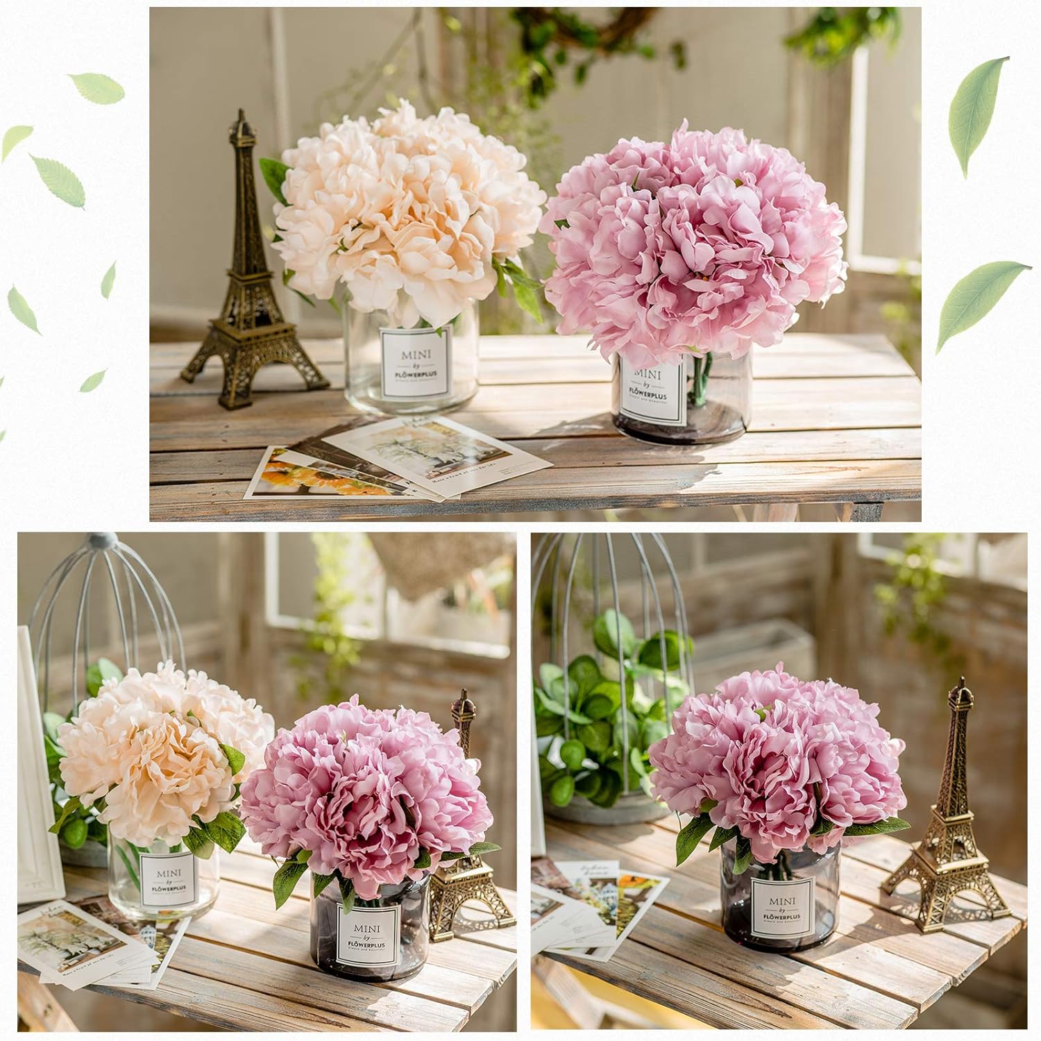 MOOMASS Artificial Peony and Glass vase, Ins Style Artificial Flower Glass Bottle Set, Suitable for Living Room, Dining Table, Office, Wedding