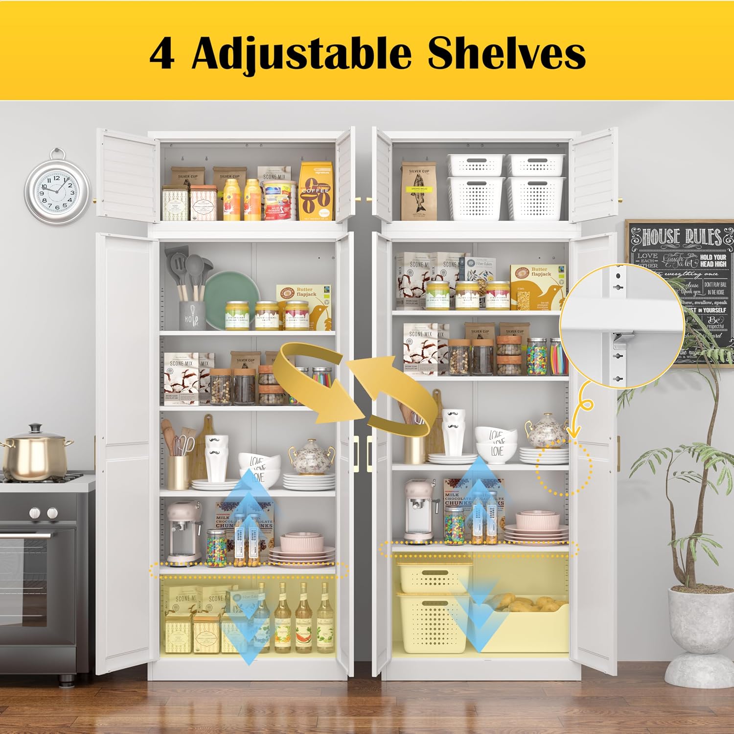 Steeloong 71"Metal Pantry Storage Cabinet with Doors & 4 Adjustable Shelves | Kitchen Pantry Cabinet,White Kitchen Cabinet with 2 Gold Handles,Tall Cabinet for Livingroom,Pantry, Bathroom,Kitchen
