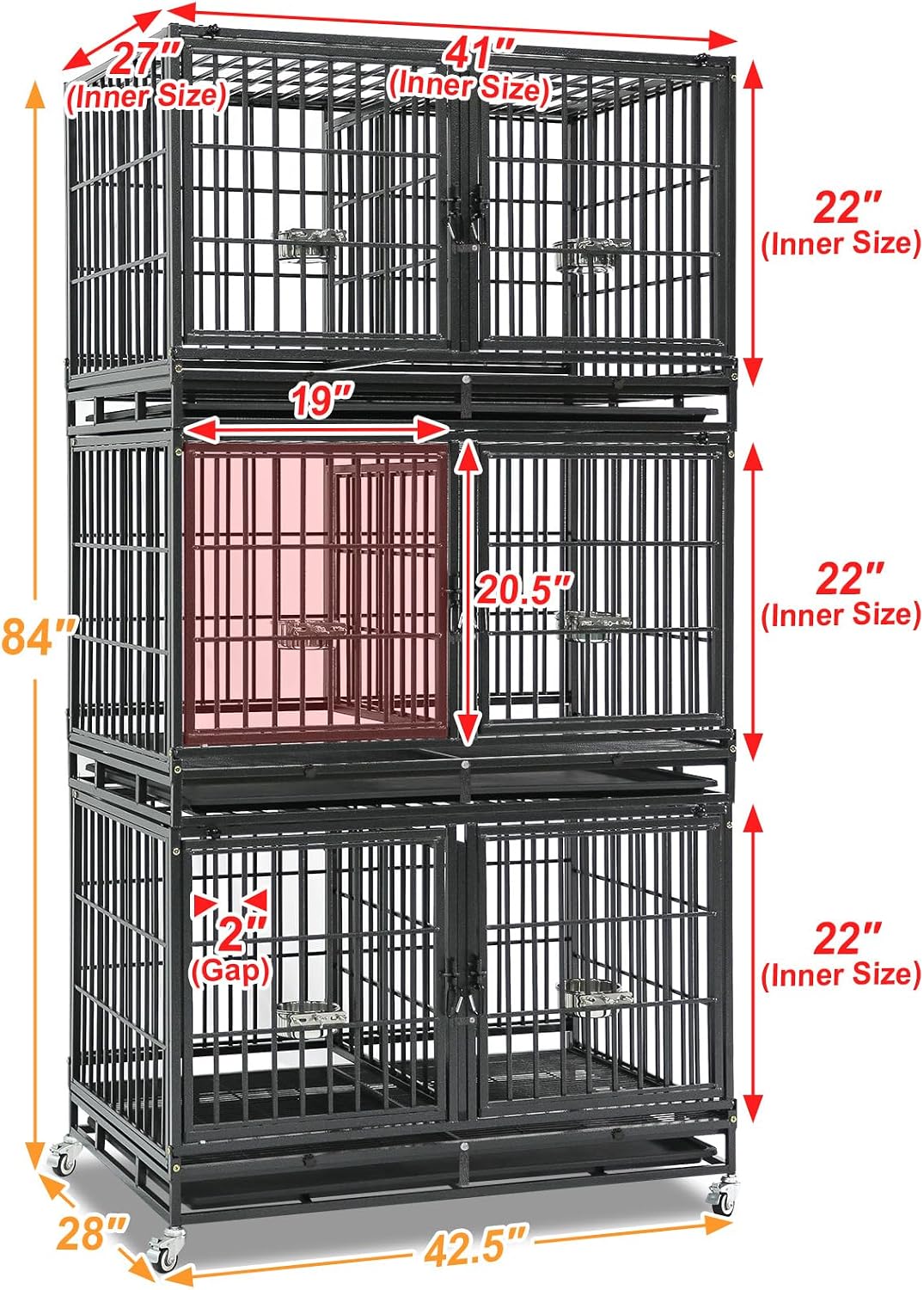 Homey Pet Three Tiers 43 inch Heavy Duty Dog Crate with Wheels, Dual Doors | Stackable Indestructible Steel Dog Cage Kennel Indoor with Divider, Trays, Bowls, Escape Proof Locks for Breeders and More