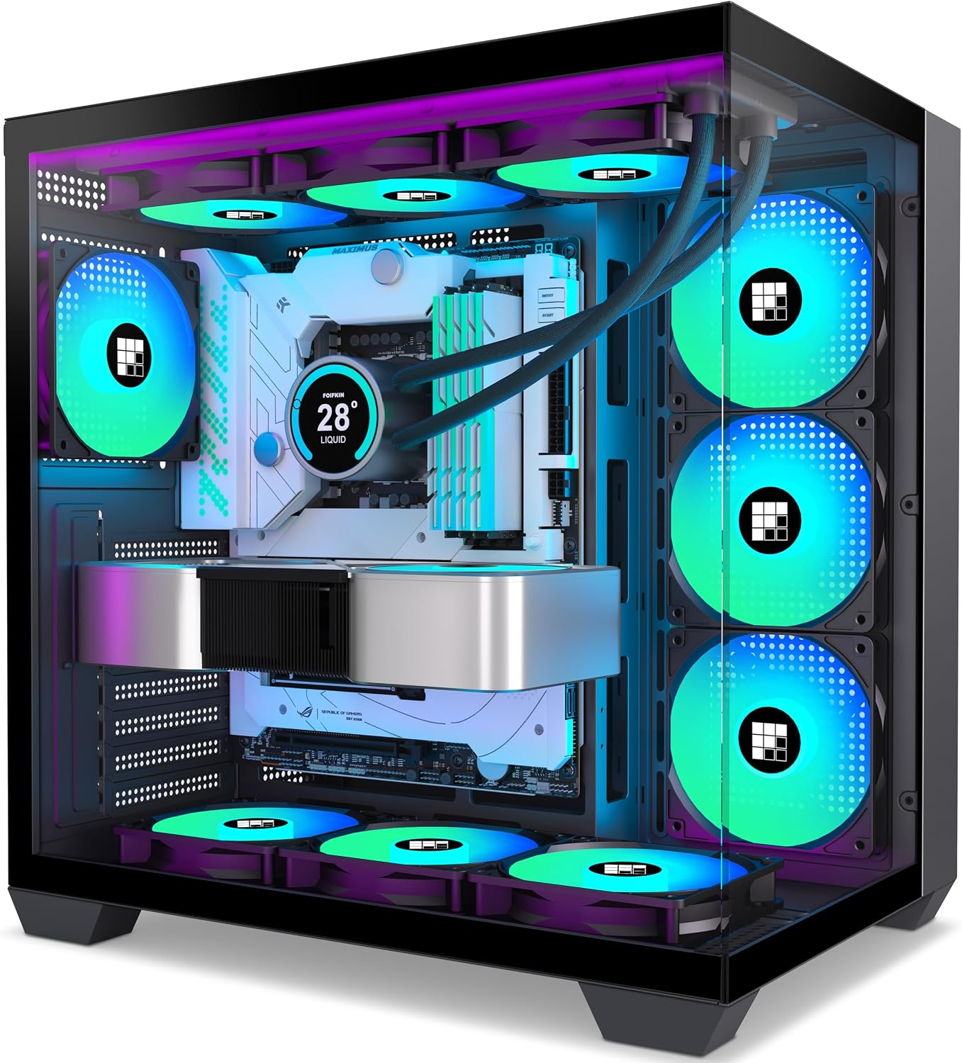 FOIFKIN F600 PC Case - Pre-Installed 7 PWM ARGB Fan, ATX Mid-Tower Gaming PC Case, 270° Panoramic Glass with Type-C, FOIFKIN (Black, F600)