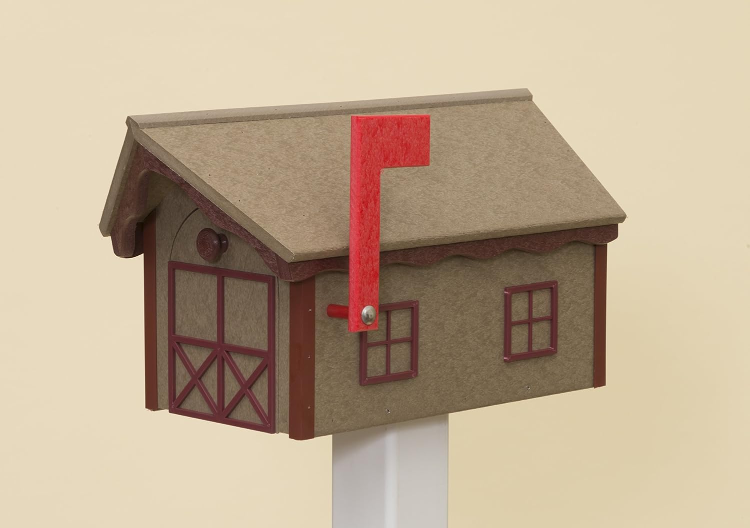 Vinyl Amish Barnstyle Mailbox (Weatherwood with Red Trim & Weatherwood Roof)