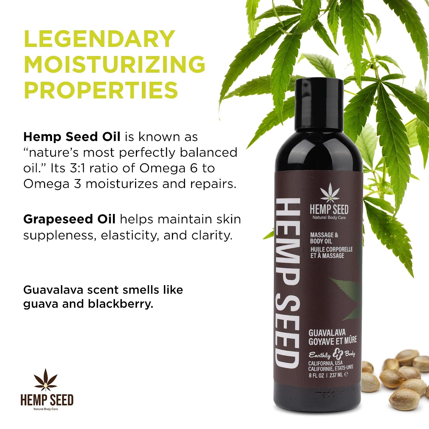 Hemp Seed Massage & Body Oil - 8 fl. oz. - Nourishing, Moisturizing Massage Oil - Hemp Seed, Apricot, Grapeseed & Sweet Almond Oil - Vegan & Cruelty Free