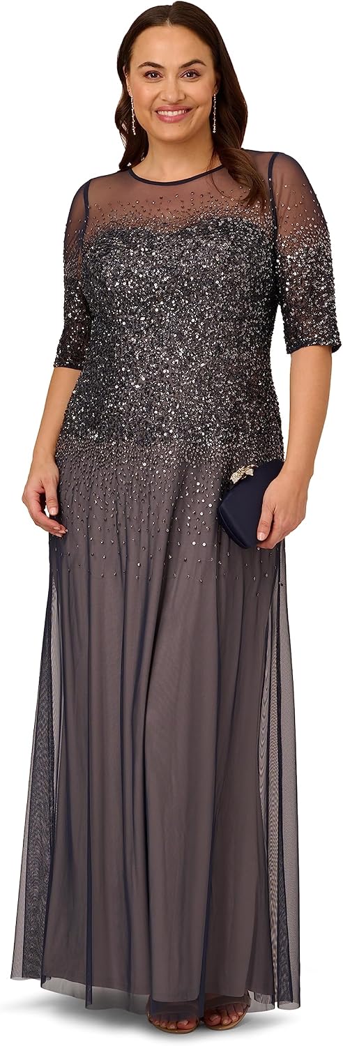Adrianna Papell Women's Plus-Size Beaded Illusion Gown