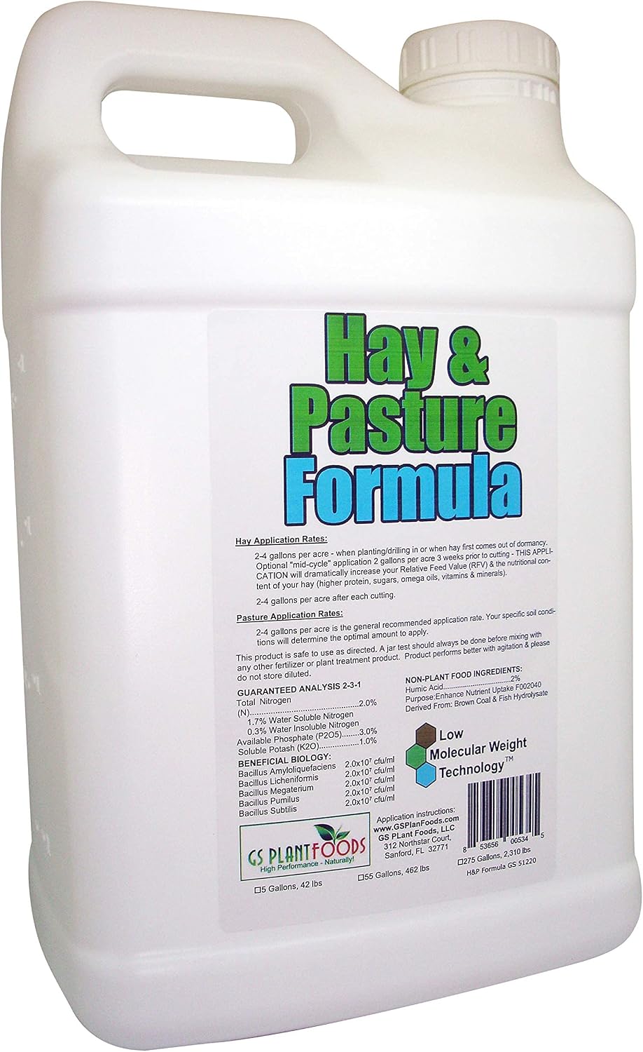 Hay & Pasture Formula by GS Plant Foods- Organic Pasture Fertilizer with Humic Acid & Fulvic Acid (5 Gallon) - Pasture Grass Formula for Higher