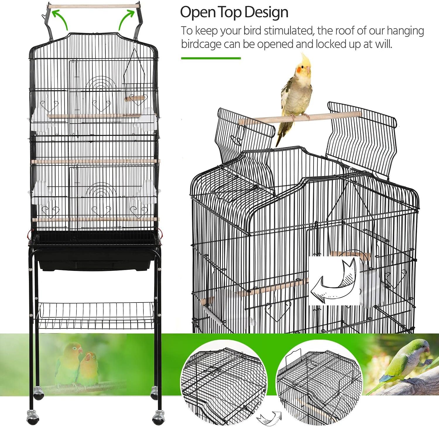Yaheetech 64'' Open Top Bird Cage for Parakeets & Cockatiels, Black | Detachable Rolling Stand, Easy-clean Slide Tray, Multi-door Access, 3/8" Bar Spacing, Indoor/Outdoor Use