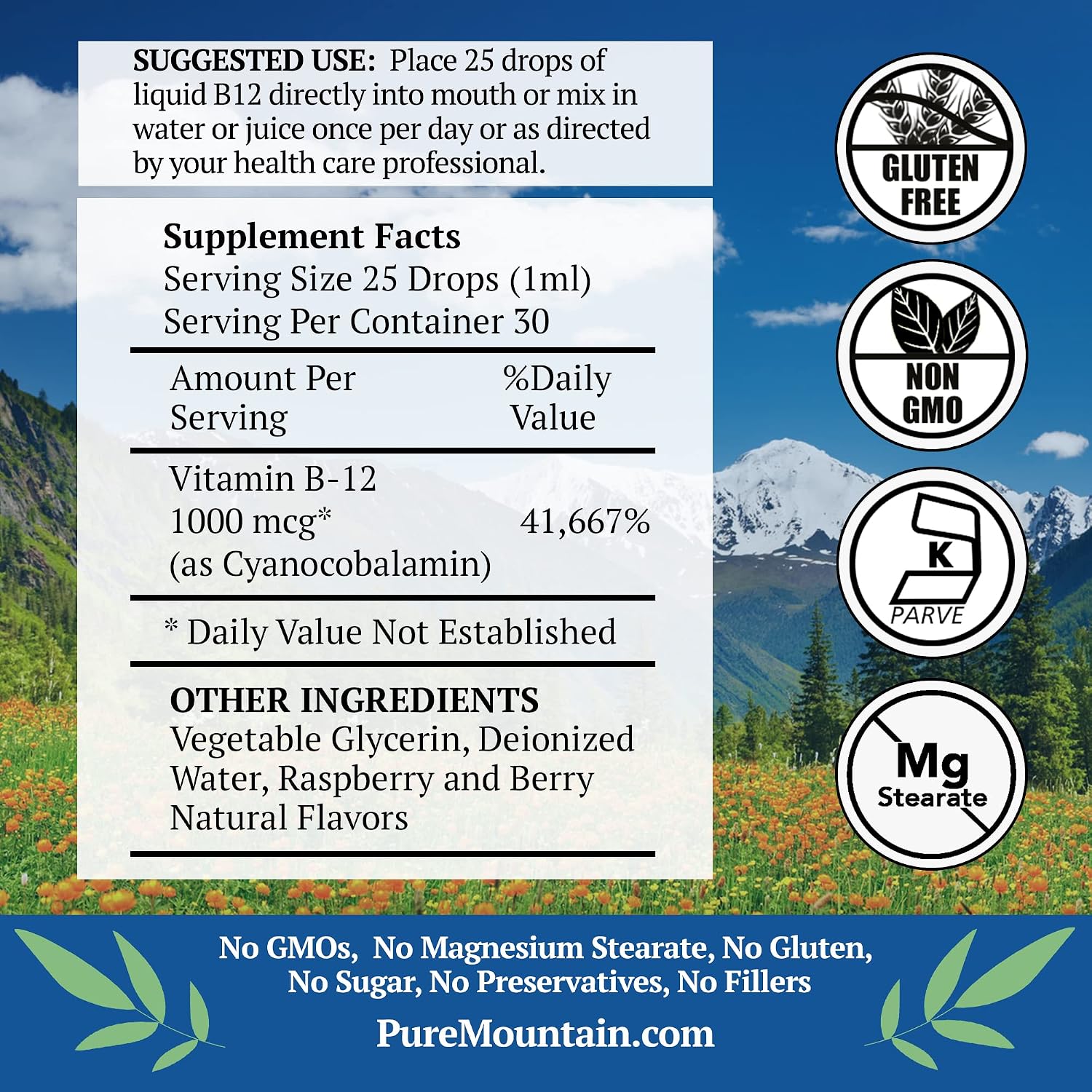 Pure Mountain Botanicals B12 1000 mcg - B12 Complex - Natural Berry Flavor - 30 Servings - Liquid Drops Vitamin - Kosher Supplement