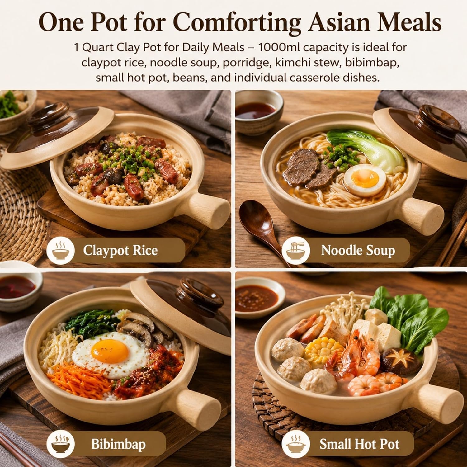 XICHENGSHIDAI Clay Pot for Cooking with Lid and Handle, 1 Qt / 1000ml Ceramic Claypot Rice Pot, Heat-Retaining Asian Casserole Stew Pot for Gas Stove