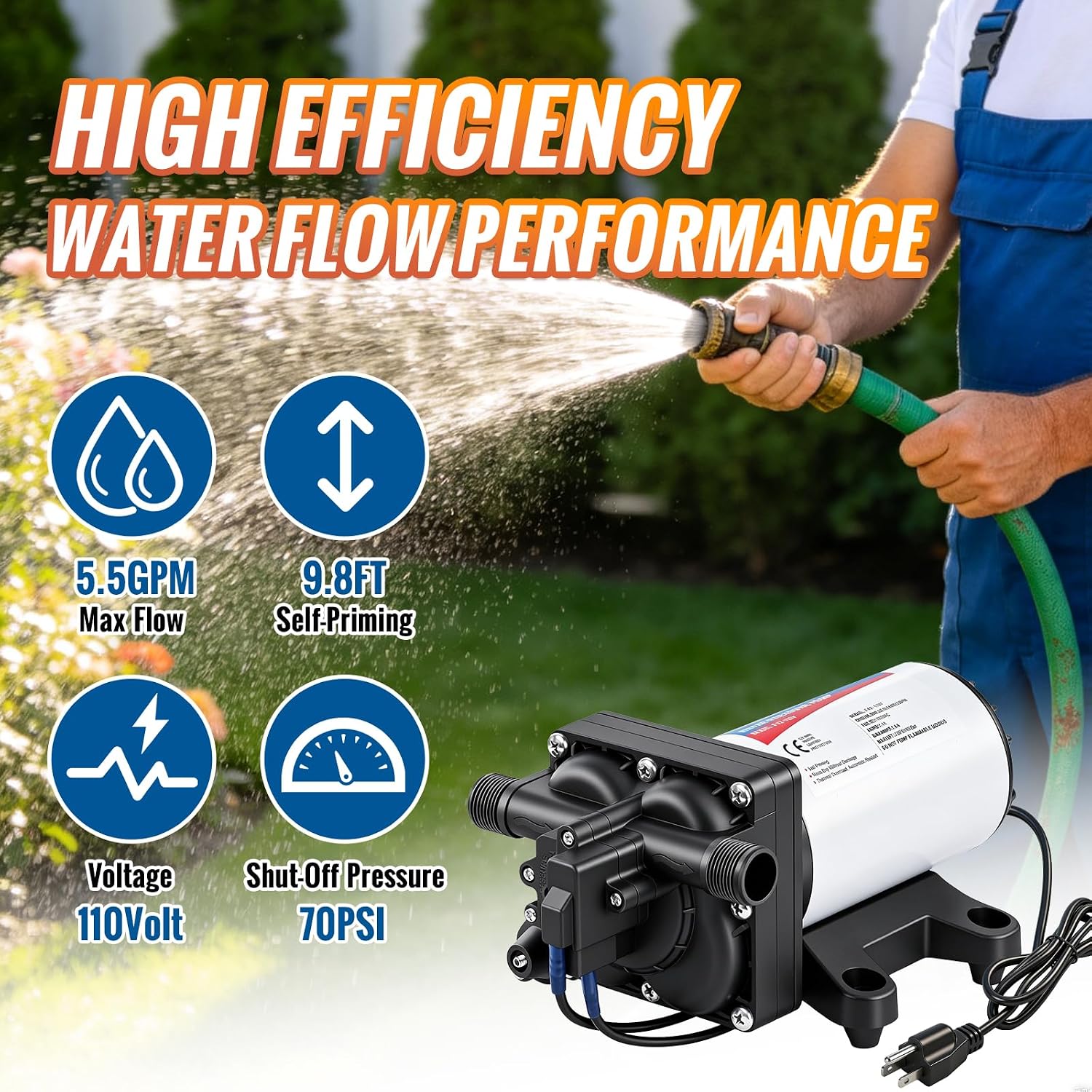 YOUNGTREE 55-Series 110V AC Fresh Water Diaphragm Pump 7GPM 70PSI 110volt 5-Chamber Water Pressure Washdown Pump On Demand with Pressure Switch for Irrigating, Home, Sprinkler, RV, Marine