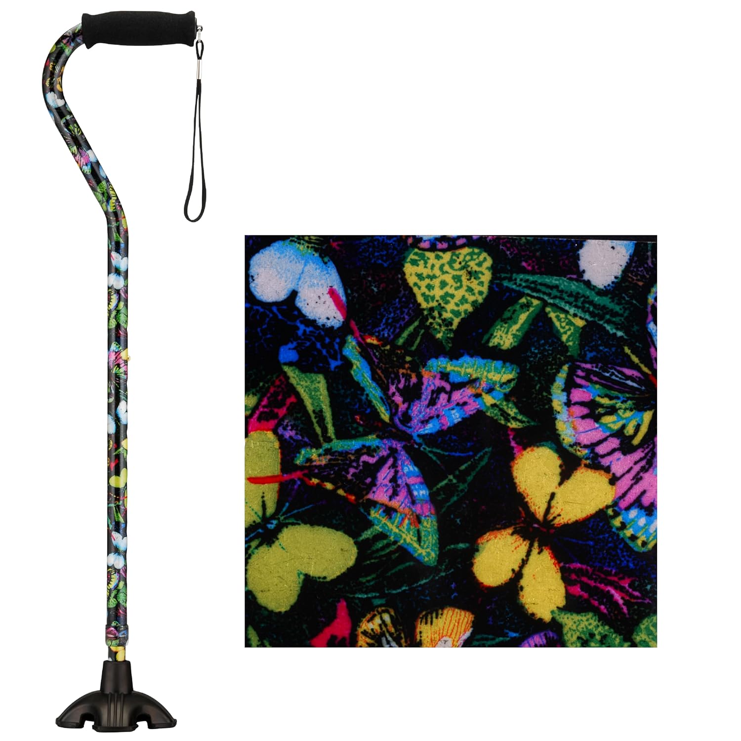Nova Joy Designer Offset Quad Cane for Seniors - Unisex Adjustable Lightweight Walking Aid with Foam Handle, Wrist Strap and Anti-Rattle Lock - Essential Mobility Support - Maui Flowers
