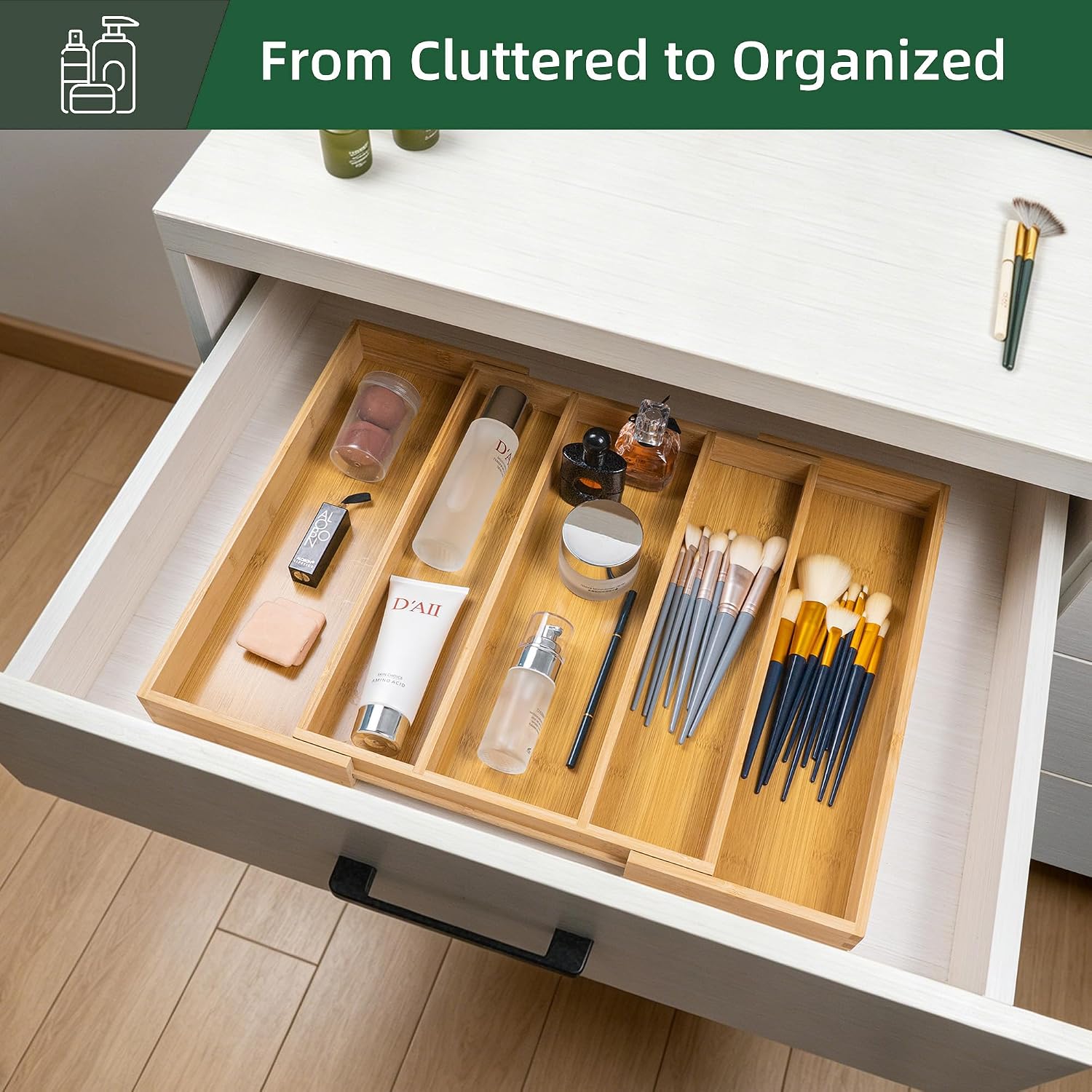 Utoplike Bamboo Expandable Kitchen Drawer Organizer Silverware Utensil Tray