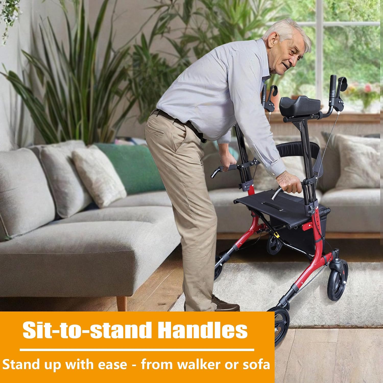 Aliseniors Upright Walker for Seniors - Big Stand Up Walker with Wide Seat, Foldable 4 Wheel All-Terrain Rolling Walker, Adjustable Armrests, 300lbs, Improves Posture & Reduces Back Strain | 20.6" Wide Seat, Foldable Rollator, 8" All-Terrain Wheels, Adju…