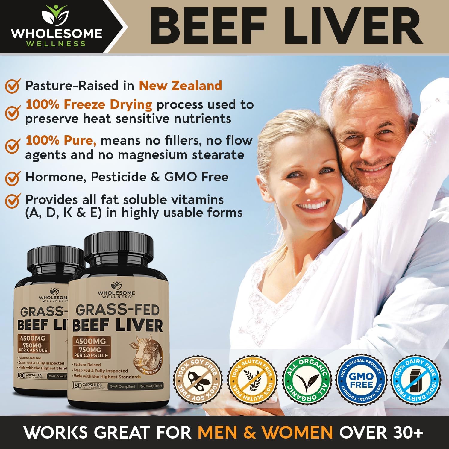 Wholesome Wellness Grass Fed Desiccated Beef Liver Capsules (180 Pills, 750mg Each) - Natural Iron, Vitamin A