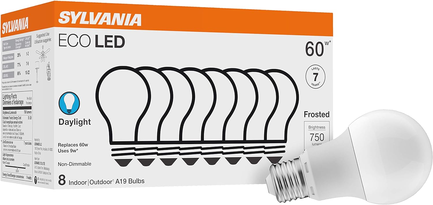 Sylvania ECO LED Light Bulb, A19, 100W Equivalent, Efficient 14.5W, 7 Year, 1450 Lumens, Frosted, 5000K, Daylight - 6 Pack (40884)