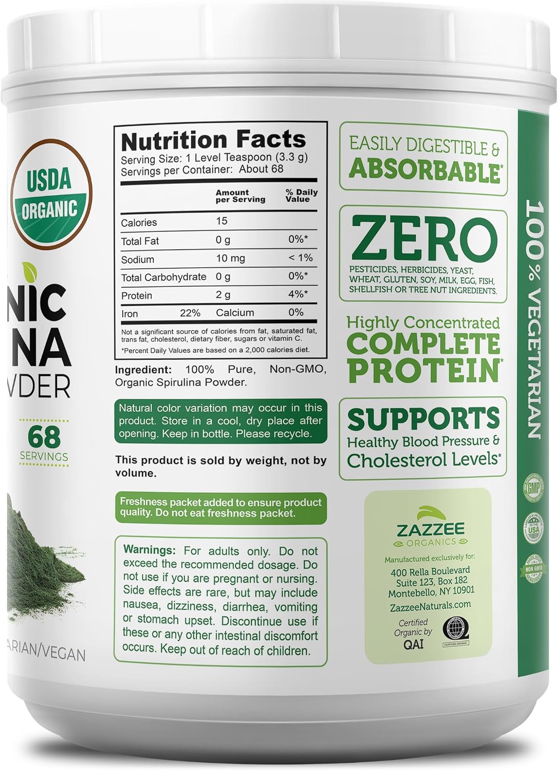 Zazzee USDA Organic Spirulina Powder, 2.2 Pounds (1 KG), 303 Servings | Certified Kosher, 100% Pure, Non-Irradiated, Mess-Free Wide Mouth Container, Fresh Smell, Neutral Taste, Non-GMO, Made in USA