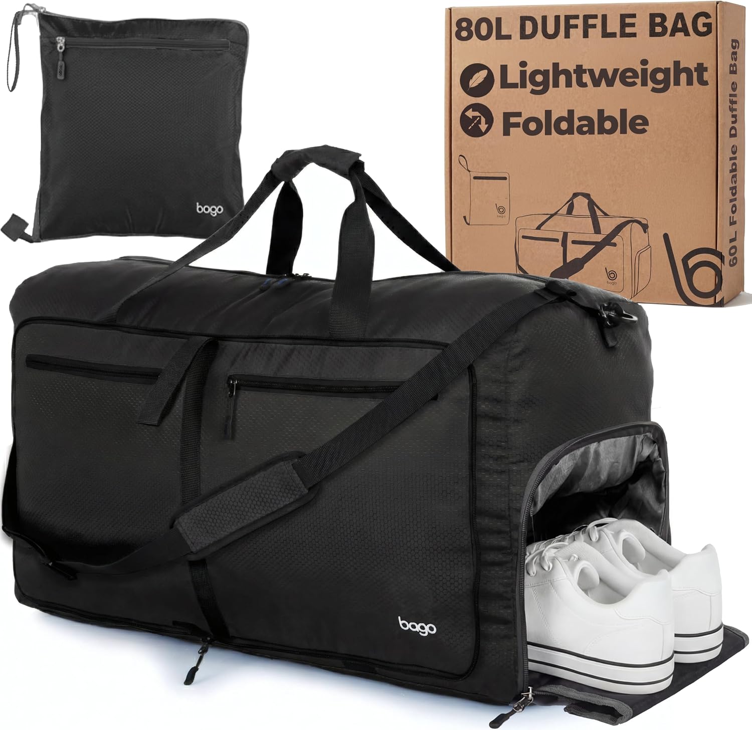 Bago Large Duffle Bag for Travel Women & Men. Durable Lightweight Foldable Travel Duffel Bags For Traveling Women. 80L Duffle Bags For Overnight Bag With Shoe Compartment Collapsible Weekender duffel