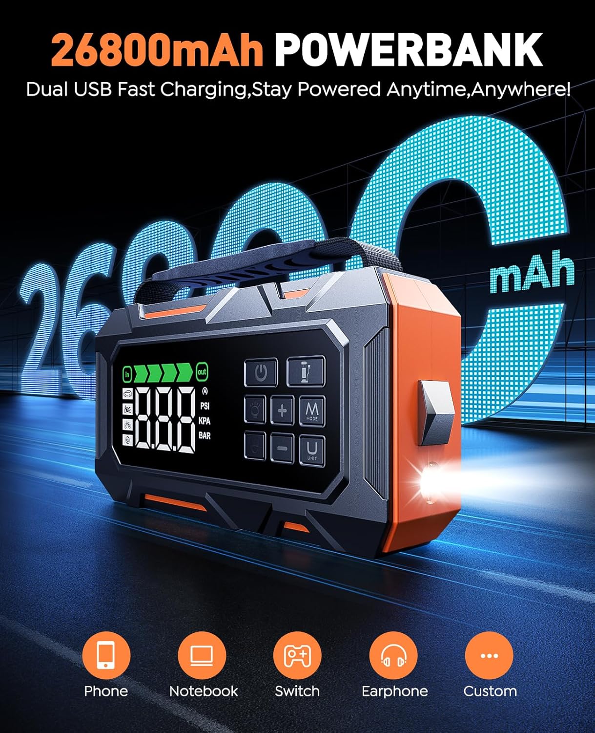 TREKURE 16-in-1 8000A Car Battery Jump Starter with Air Compressor 160PSI, Jump Starter Jump Box (All Gas 12L Diesel) with Portable Jumper Cables