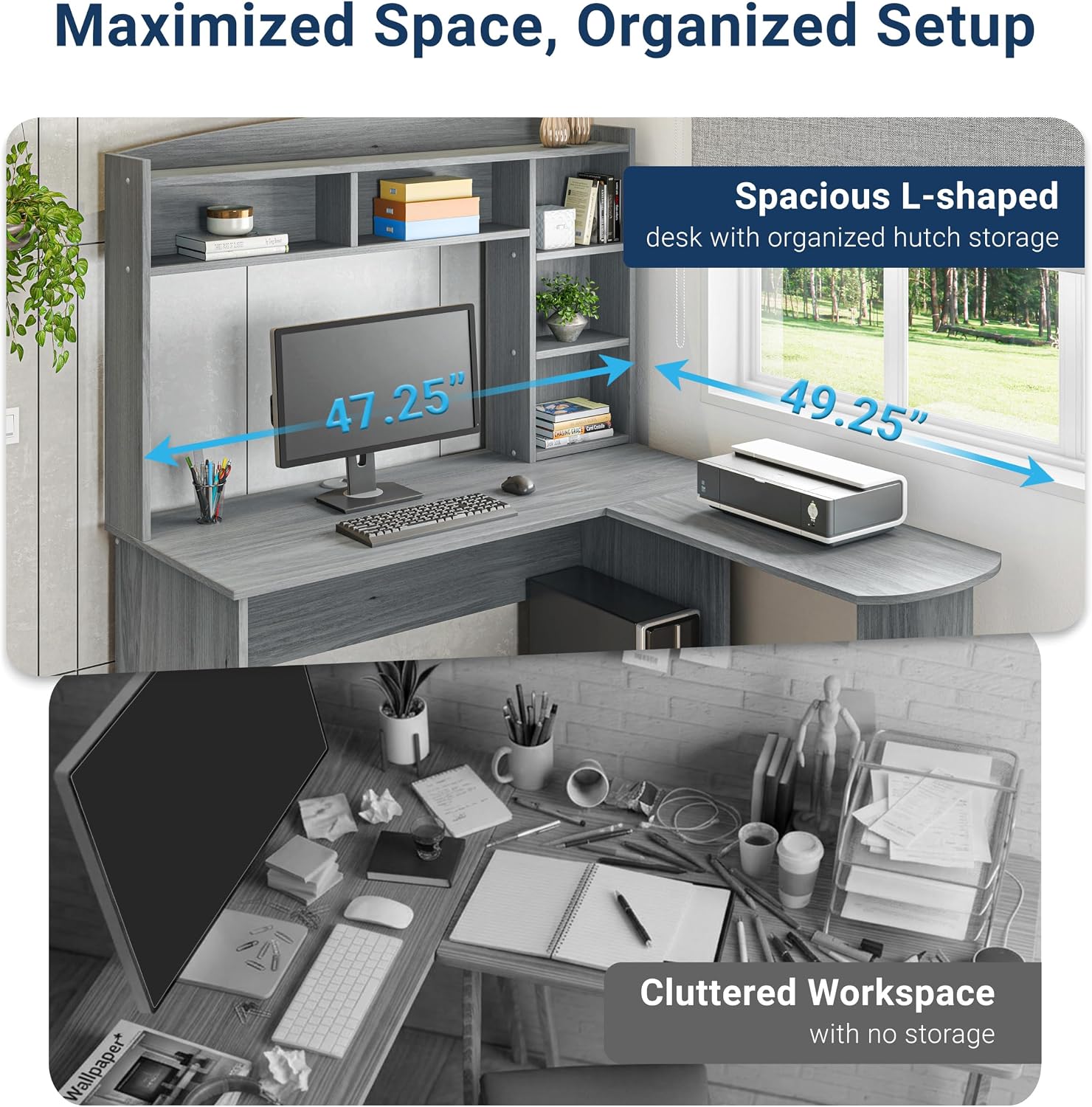 Techni Mobili Modern L-Shaped Desk with Hutch, Grey