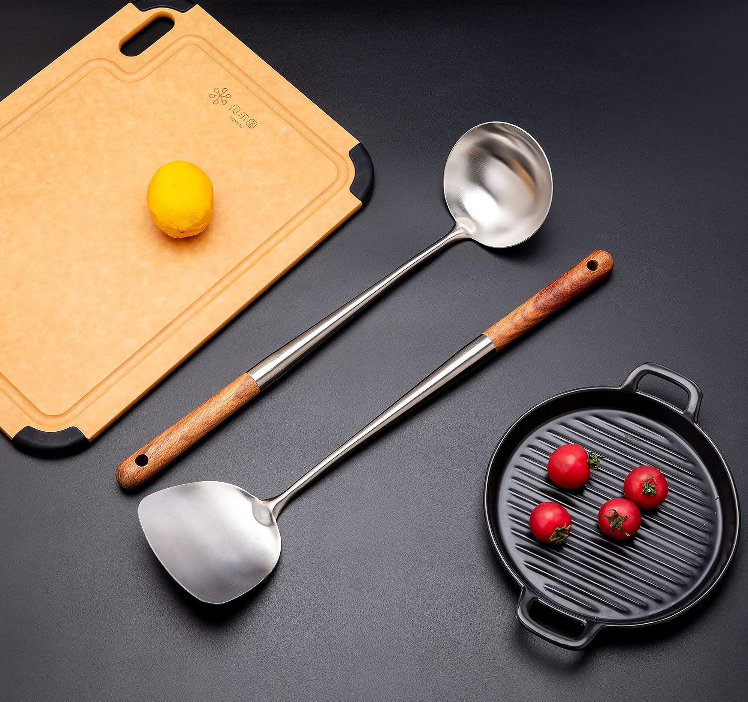 FJNATINH Wok Spatula and Ladle,Skimmer Ladle Tool Set, 17inches Spatula for Wok, 304 Stainless Steel Cooking Utensils